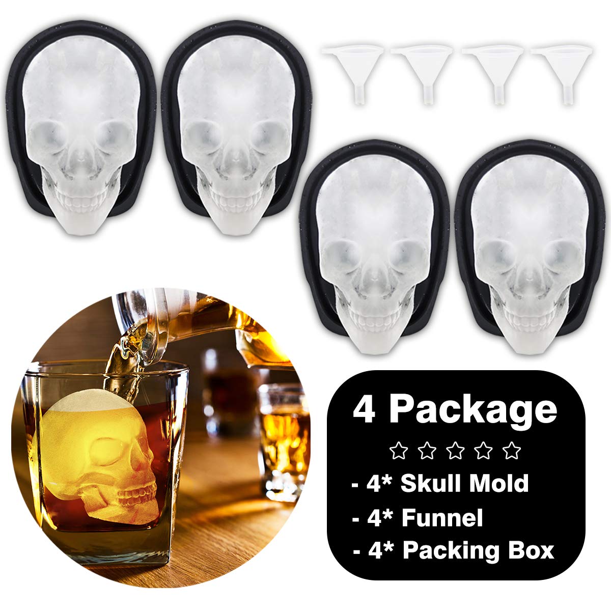Antenda Extra Large 3D Skull Ice Cube Mold Silicone Trays for Whiskey and Parties Set of 4 with Funnel for Big Mouth Cups - View 6 of 6