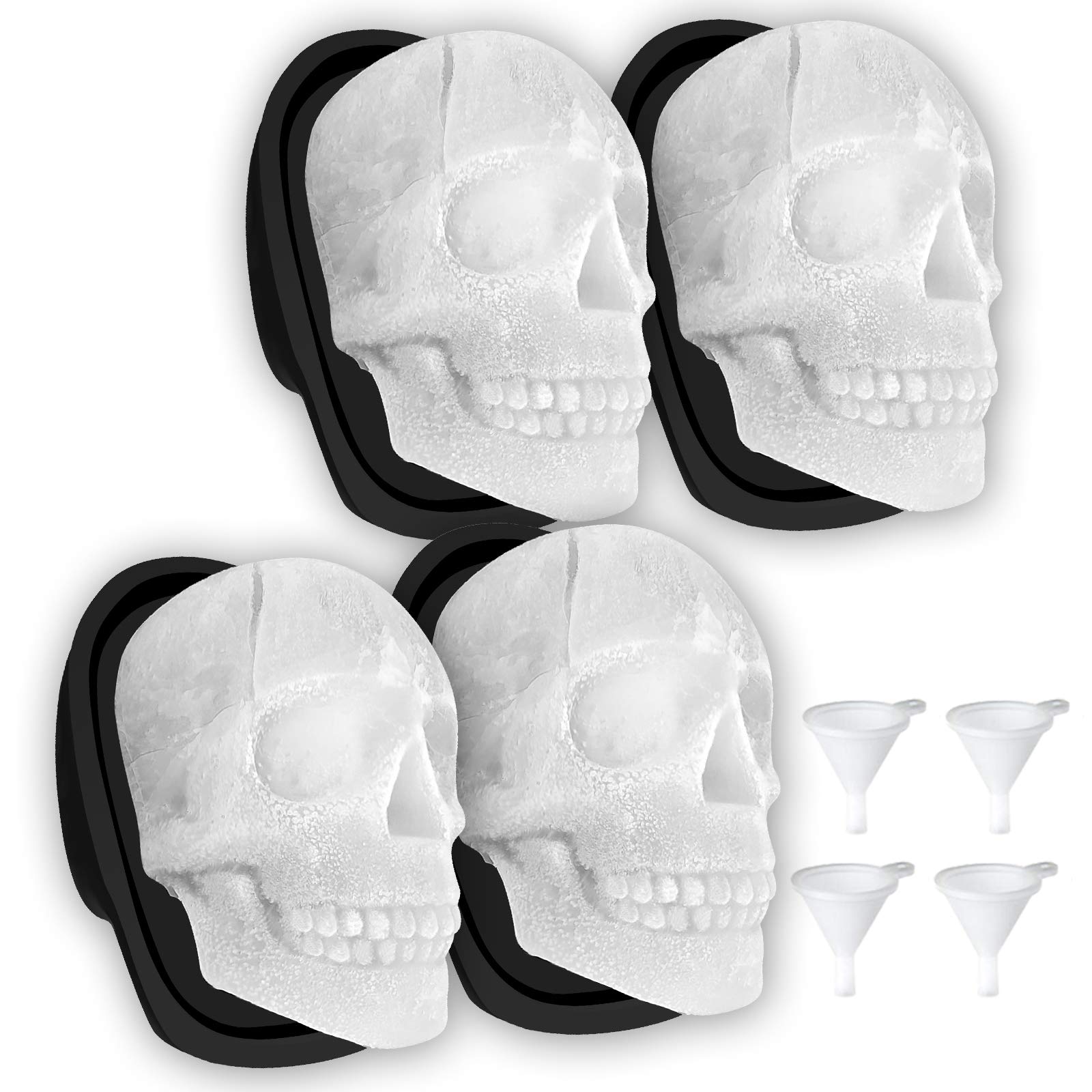 Antenda Extra Large 3D Skull Ice Cube Mold Silicone Trays for Whiskey and Parties Set of 4 with Funnel for Big Mouth Cups