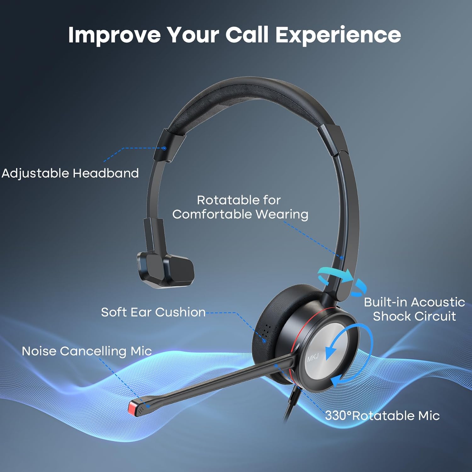 MKJ MKJ USB Headset for Computer Wired PC Headset with Noise Cancelling Microphone Black - View 4 of 6