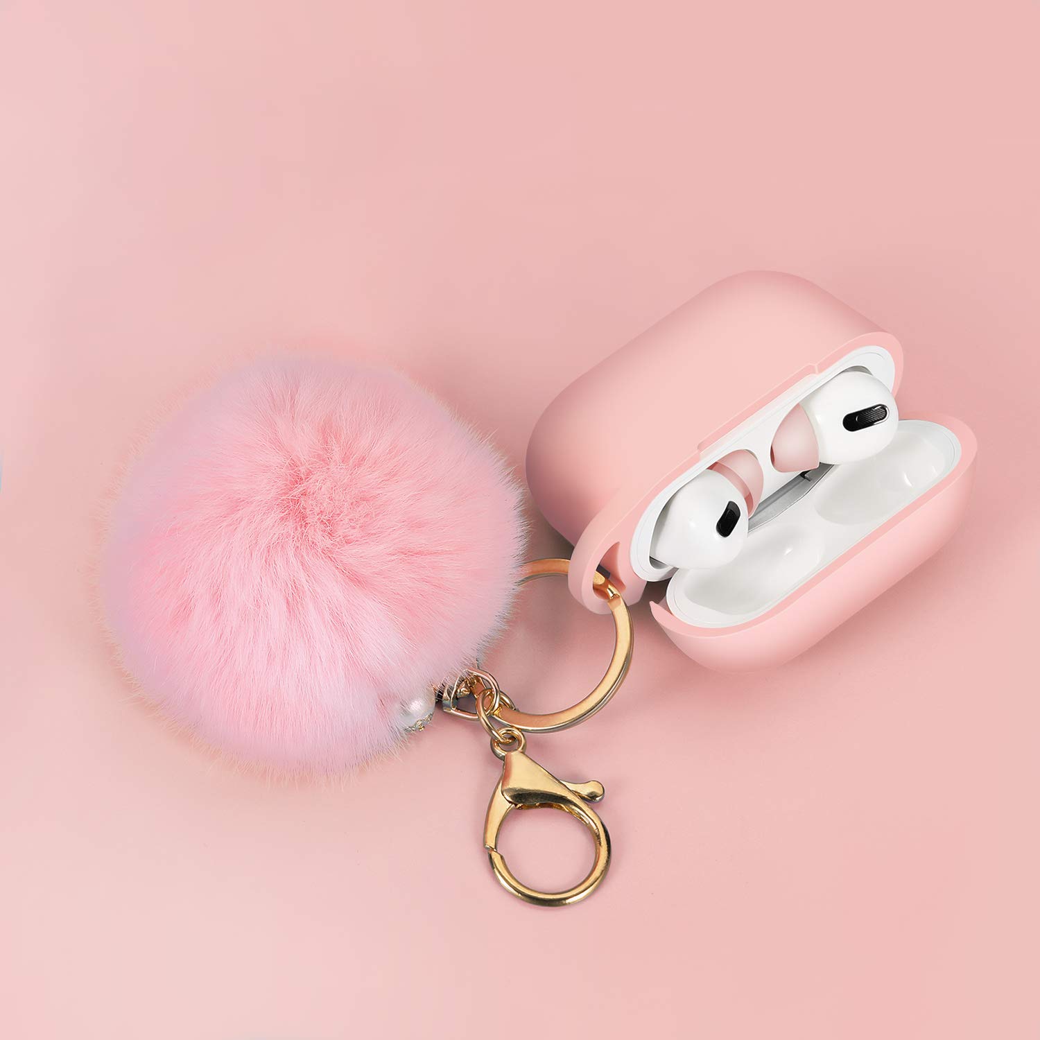 Cypher.V Light Pink Protective Case Cover for Airpods Pro with Ear Tips and Cute Pom Pom Keychain Kit - View 2 of 6