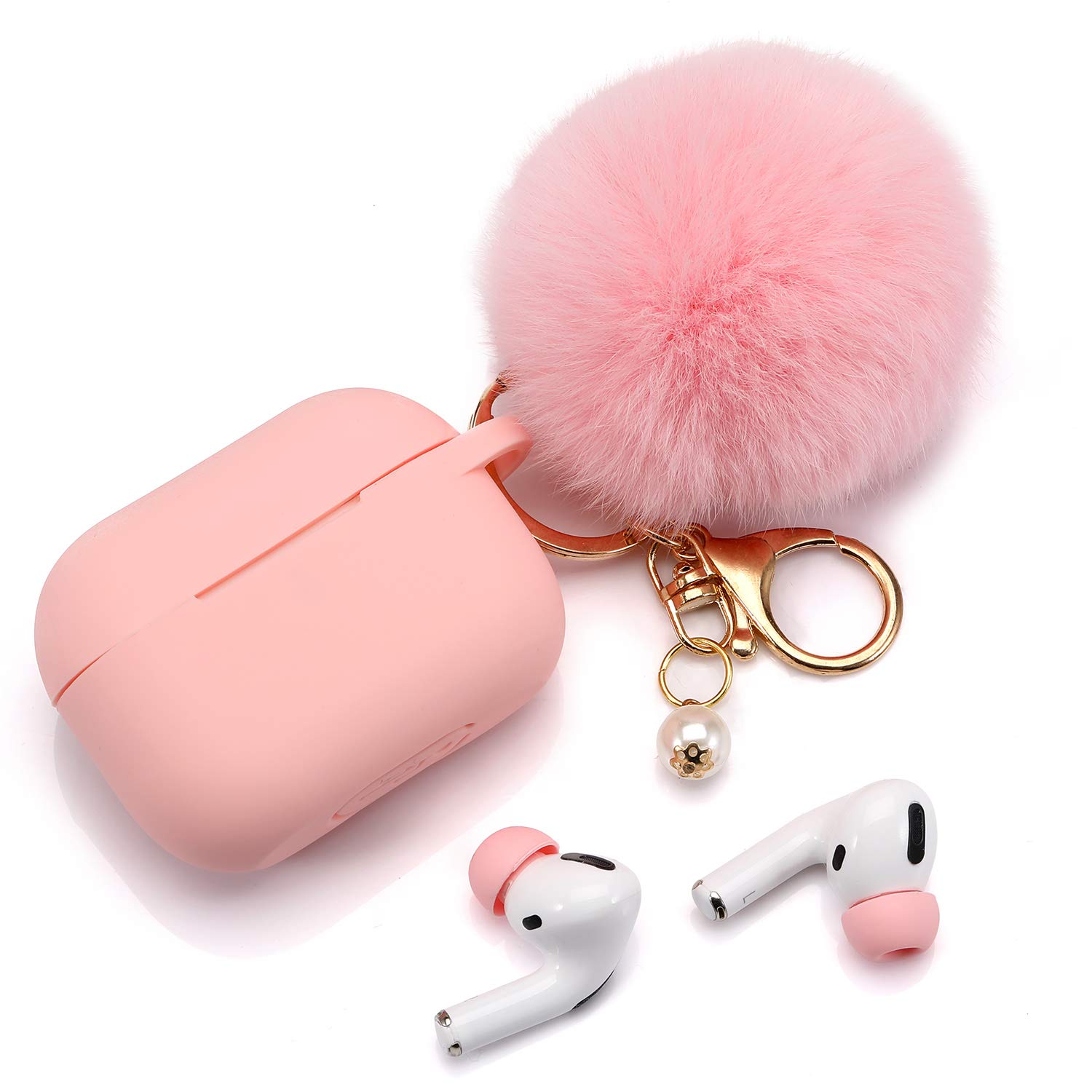 Cypher.V Light Pink Protective Case Cover for Airpods Pro with Ear Tips and Cute Pom Pom Keychain Kit - View 3 of 6