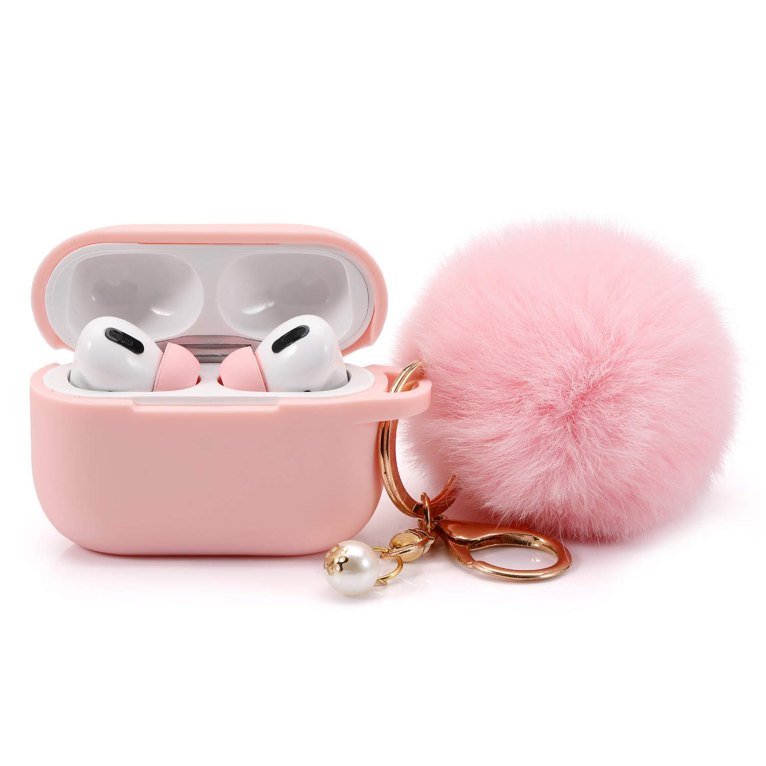 Cypher.V Light Pink Protective Case Cover for Airpods Pro with Ear Tips and Cute Pom Pom Keychain Kit