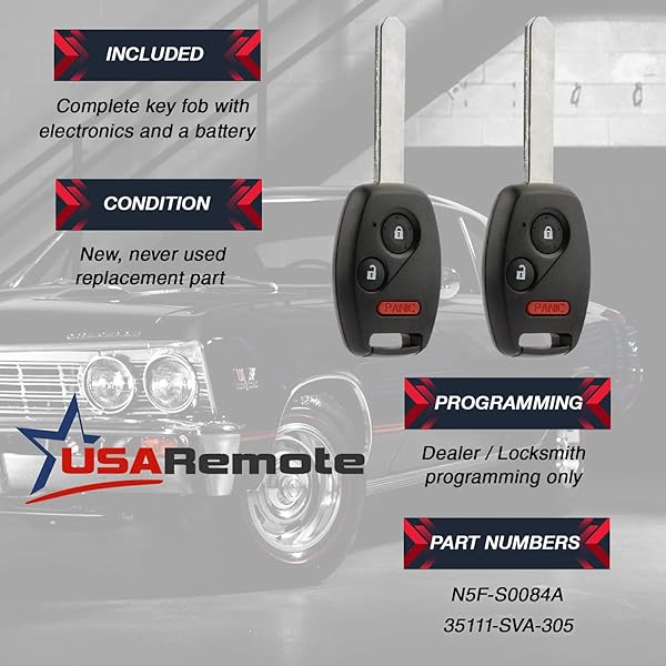 USARemote Keyless Entry Remote Fob for Honda Civic LX Odyssey 2006 to 2014 2 Key Fits N5F-S0084A - View 5 of 8