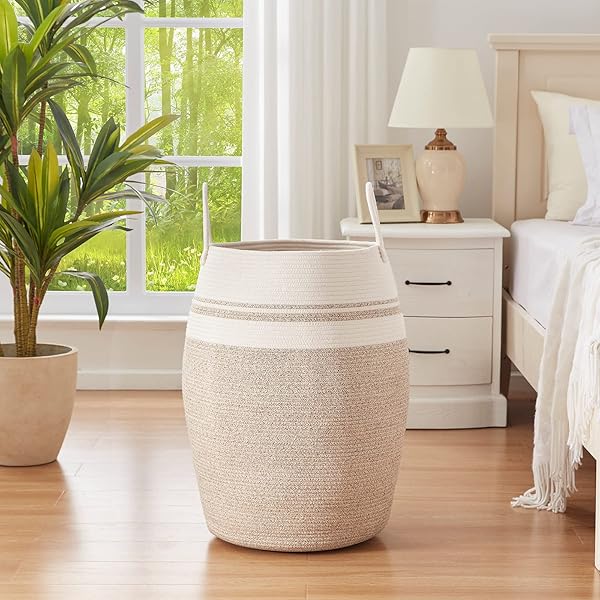 OIAHOMY OIAHOMY Large Woven Cotton Rope Laundry Hamper 25.6 Inch Tall Foldable Basket for Clothes and Toys in Bedroom and Bathroom Yellow Variegated - View 4 of 10