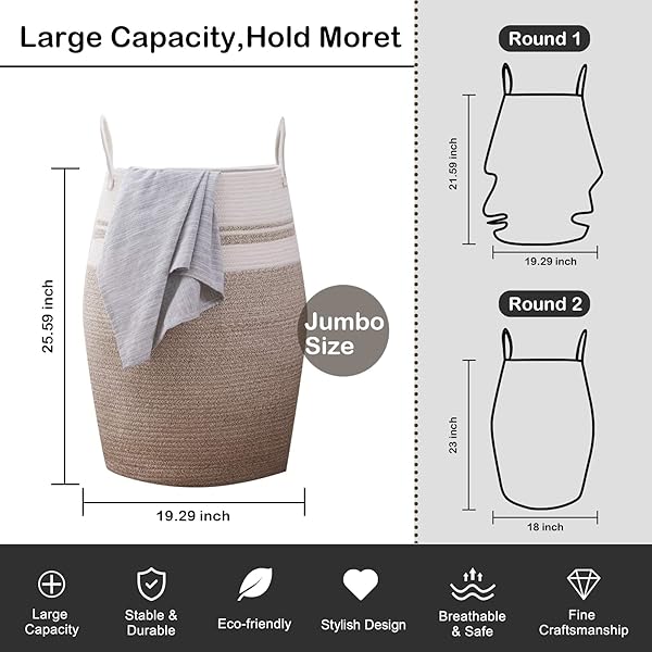 OIAHOMY OIAHOMY Large Woven Cotton Rope Laundry Hamper 25.6 Inch Tall Foldable Basket for Clothes and Toys in Bedroom and Bathroom Yellow Variegated - View 5 of 10
