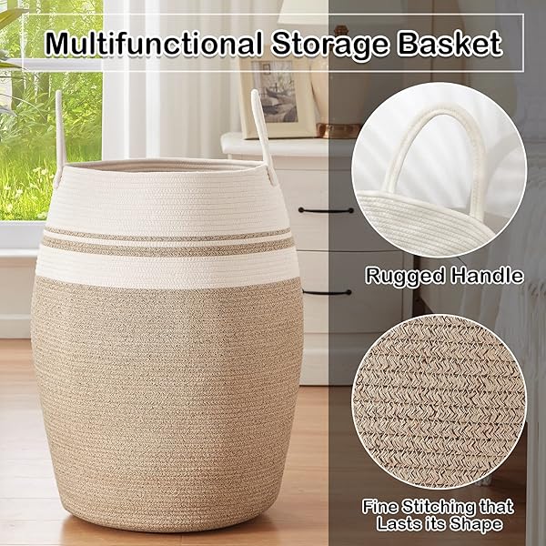 OIAHOMY OIAHOMY Large Woven Cotton Rope Laundry Hamper 25.6 Inch Tall Foldable Basket for Clothes and Toys in Bedroom and Bathroom Yellow Variegated - View 7 of 10