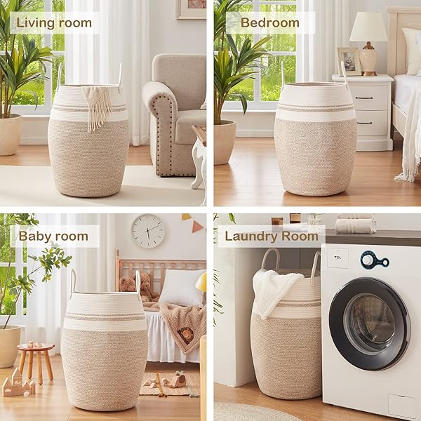 OIAHOMY OIAHOMY Large Woven Cotton Rope Laundry Hamper 25.6 Inch Tall Foldable Basket for Clothes and Toys in Bedroom and Bathroom Yellow Variegated - View 10 of 10