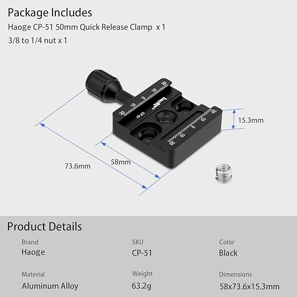 Haoge Haoge CP-51L 50mm Screw Knob Clamp Adapter Mount Long Arm Quick Release QR Plate for Camera Tripod Ballhead Monopod Fit Arca Swiss - View 10 of 10