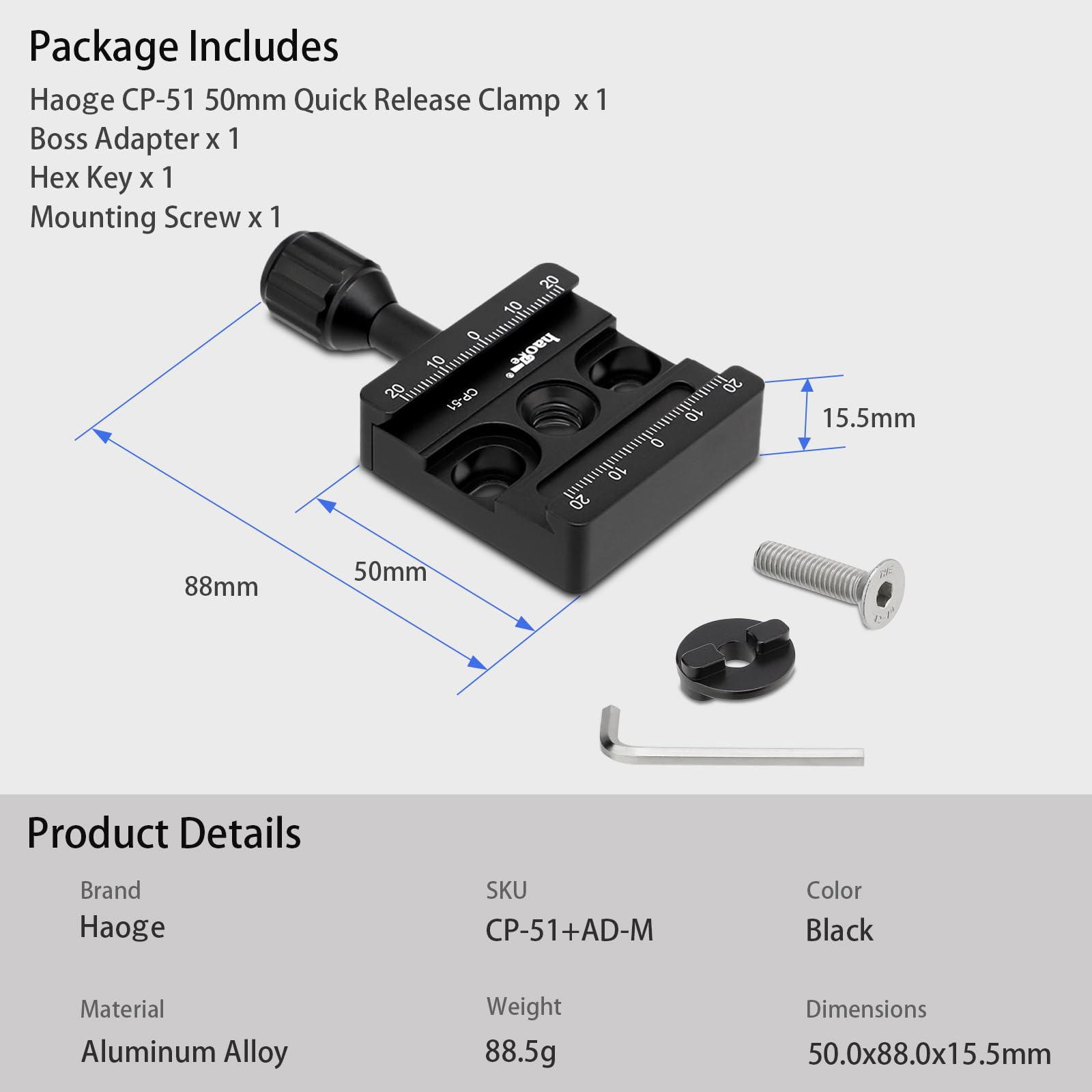 Haoge Haoge Combo Boss Adapter CP-51 50mm Arca Swiss Quick Release Clamp for Manfrotto Tripod Ball Head Replacement - View 7 of 9