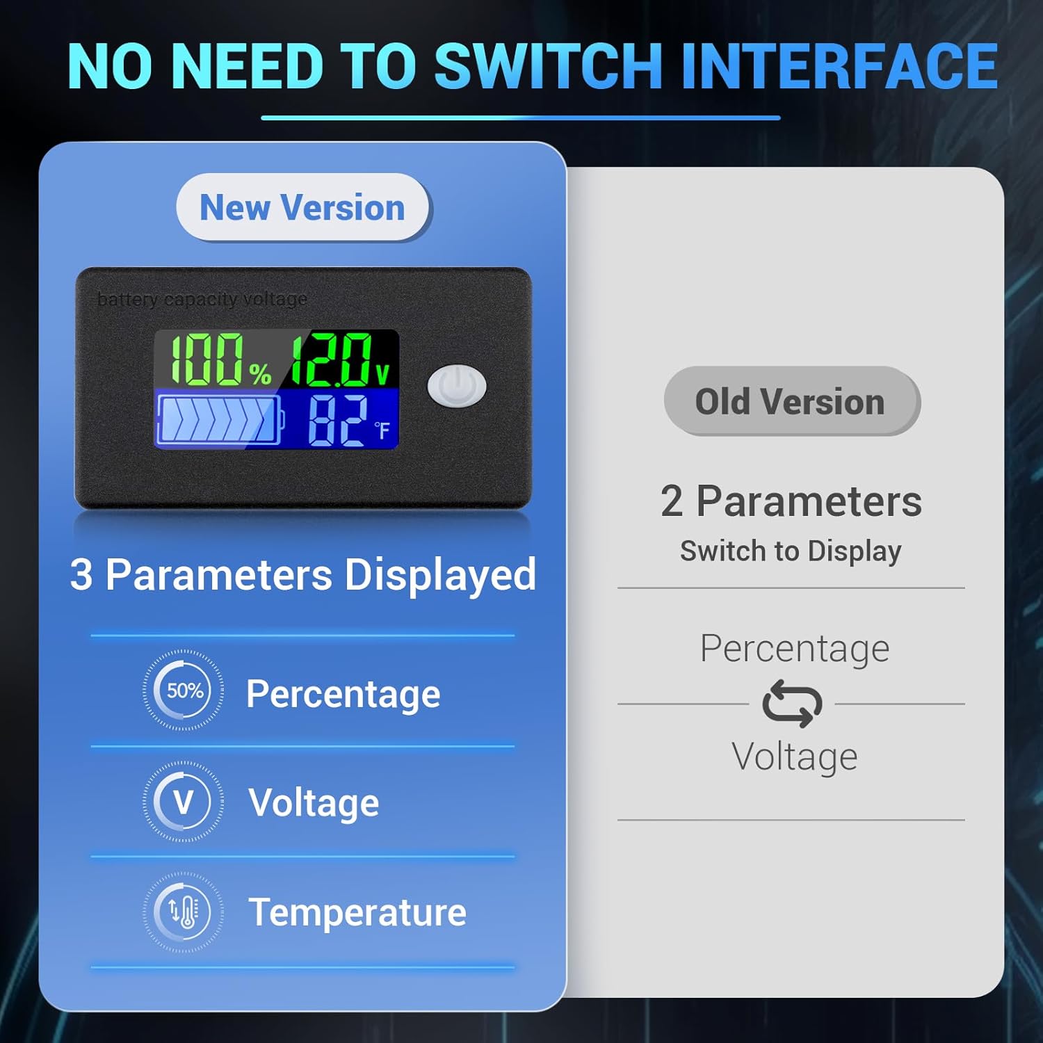 DROK DROK Battery Capacity Monitor 10-100V Meter for 12V 24V 48V Power Percentage Voltage and Temperature Indicator Gauge - View 3 of 6