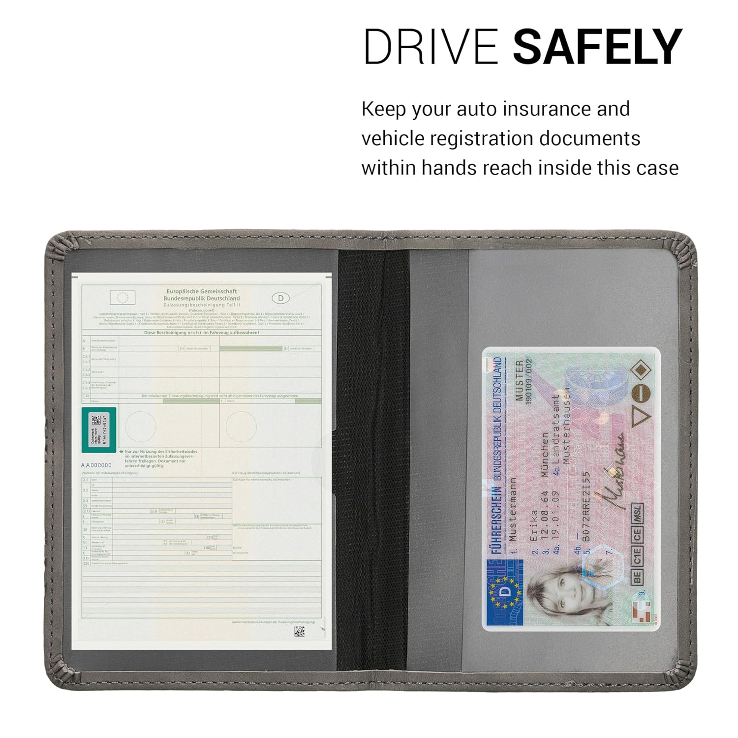 kwmobile kwmobile Car Document Holder Registration and Insurance Holder PU Leather Grey for Vehicle Documents and Cards - View 3 of 8