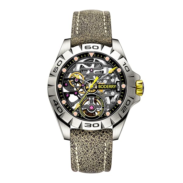 BODERRY BODERRY Skeleton Mens Titanium Automatic Watch 72H Power-Reserve Waterproof Luminous Sapphire Crystal Leather Strap