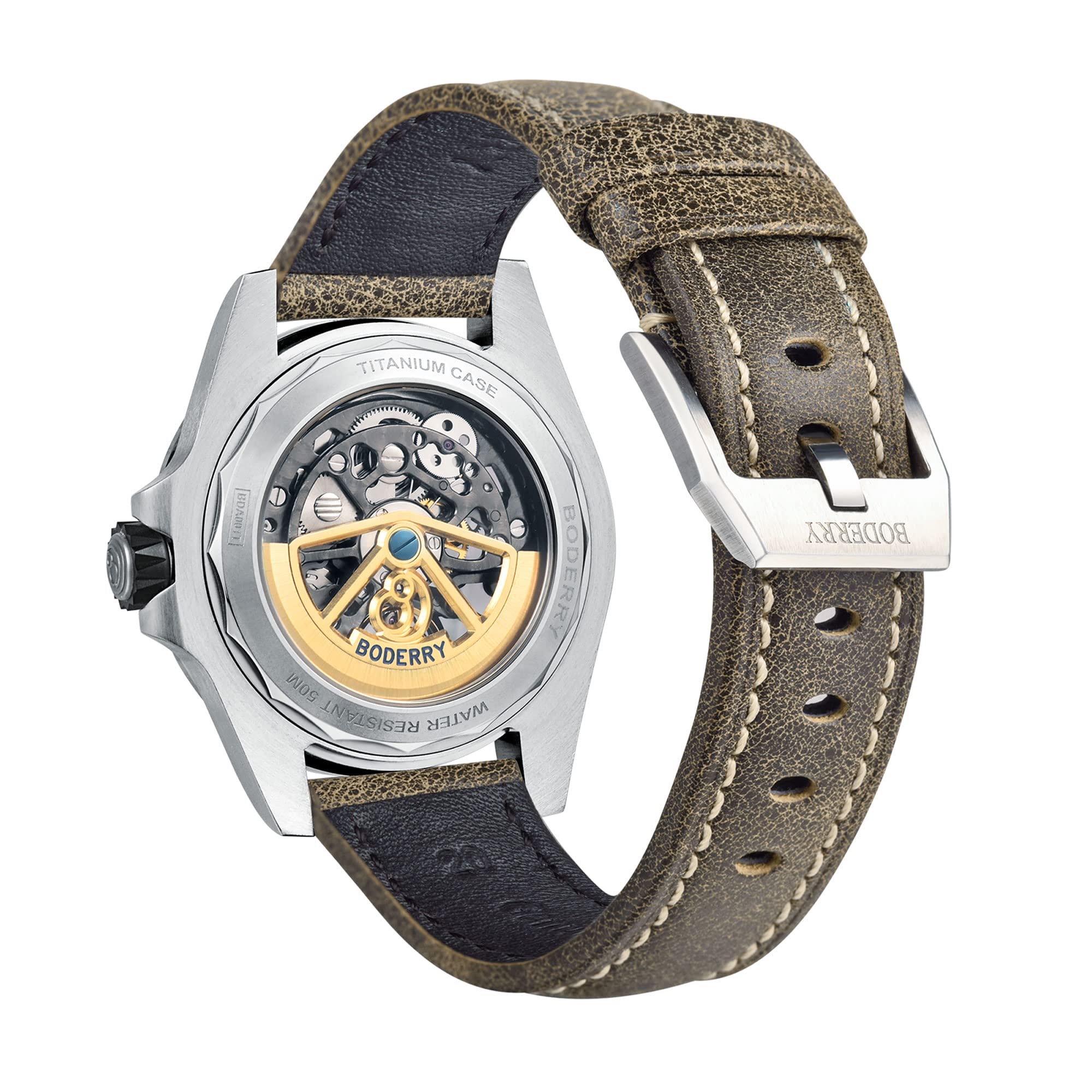 BODERRY BODERRY Skeleton Mens Titanium Automatic Watch 72H Power-Reserve Waterproof Luminous Sapphire Crystal Leather Strap Steampunk Gift - View 2 of 9
