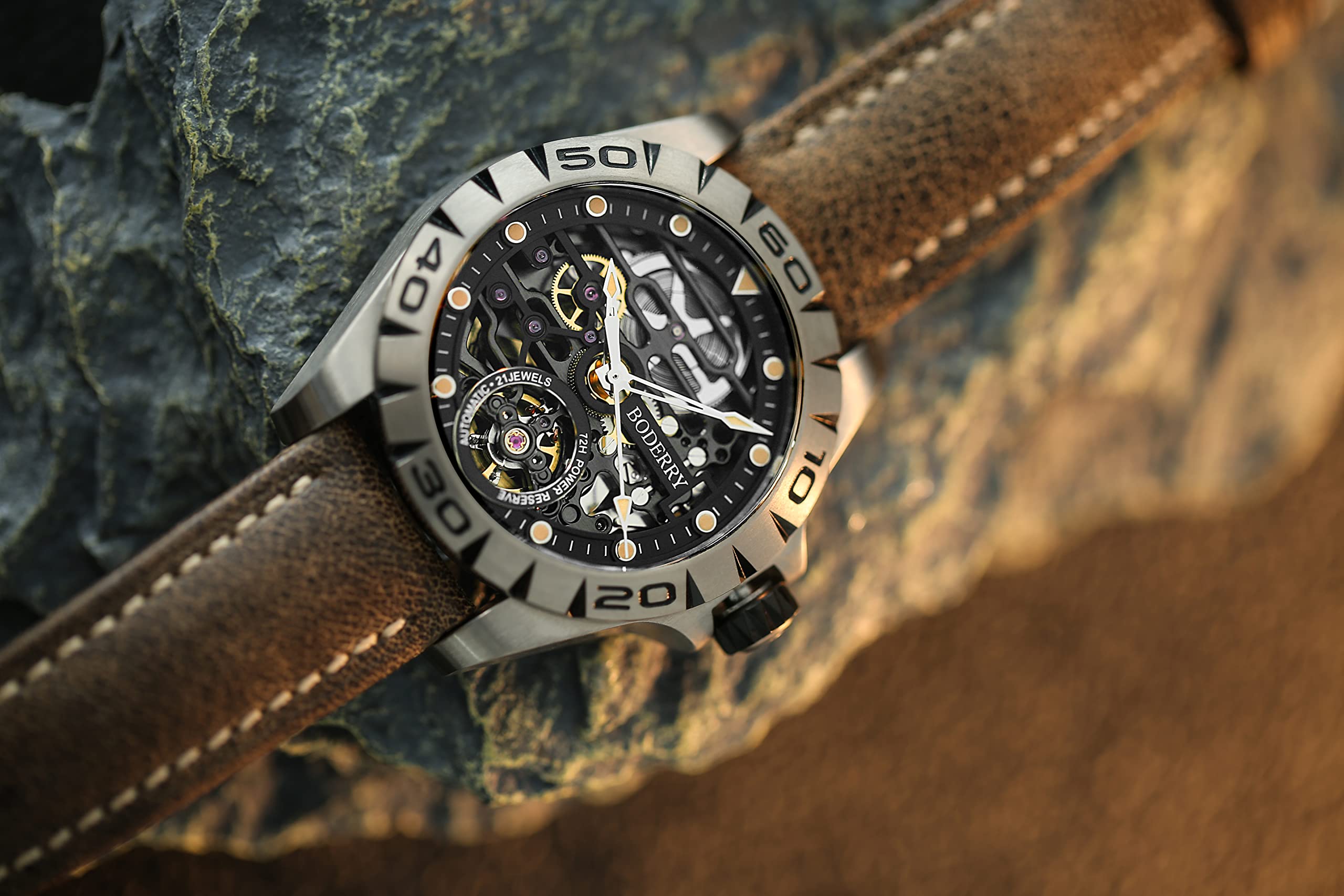 BODERRY BODERRY Skeleton Mens Titanium Automatic Watch 72H Power-Reserve Waterproof Luminous Sapphire Crystal Leather Strap Steampunk Gift - View 7 of 9