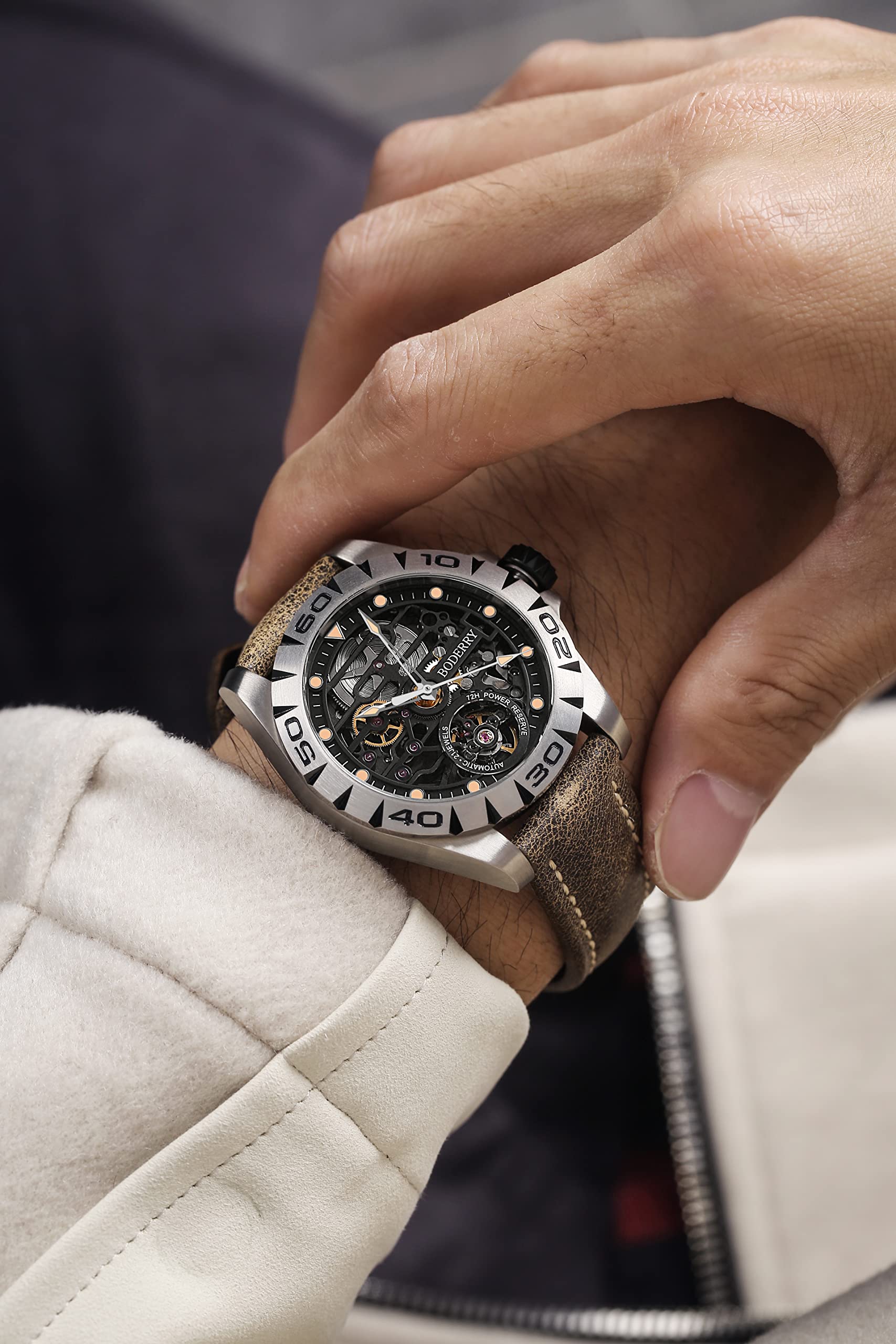 BODERRY BODERRY Skeleton Mens Titanium Automatic Watch 72H Power-Reserve Waterproof Luminous Sapphire Crystal Leather Strap Steampunk Gift - View 8 of 9