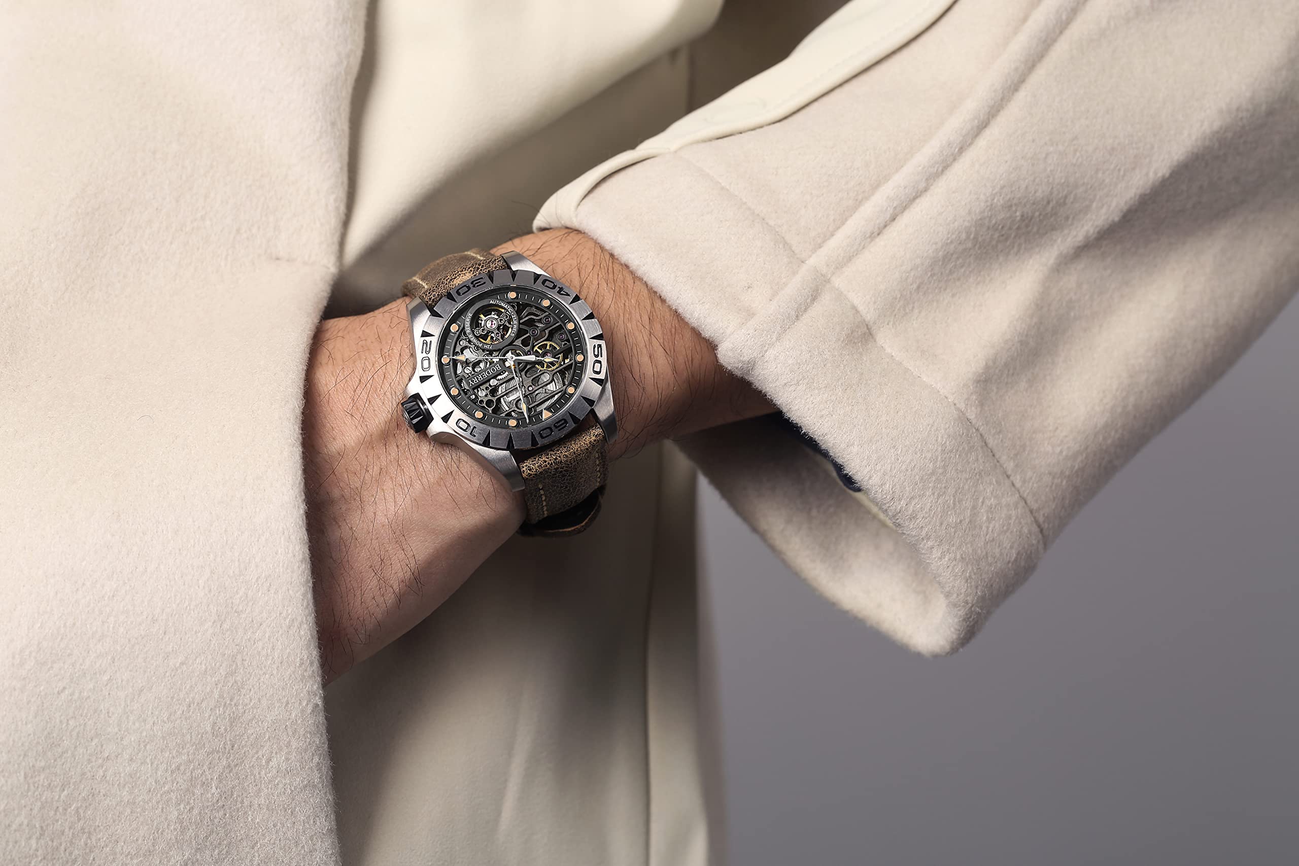 BODERRY BODERRY Skeleton Mens Titanium Automatic Watch 72H Power-Reserve Waterproof Luminous Sapphire Crystal Leather Strap Steampunk Gift - View 9 of 9