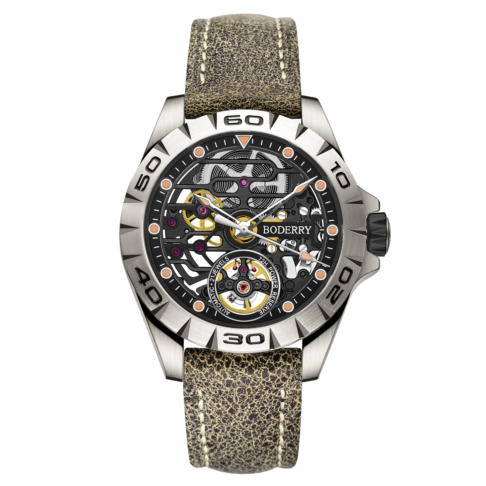 BODERRY BODERRY Skeleton Mens Titanium Automatic Watch 72H Power-Reserve Waterproof Luminous Sapphire Crystal Leather Strap Steampunk Gift