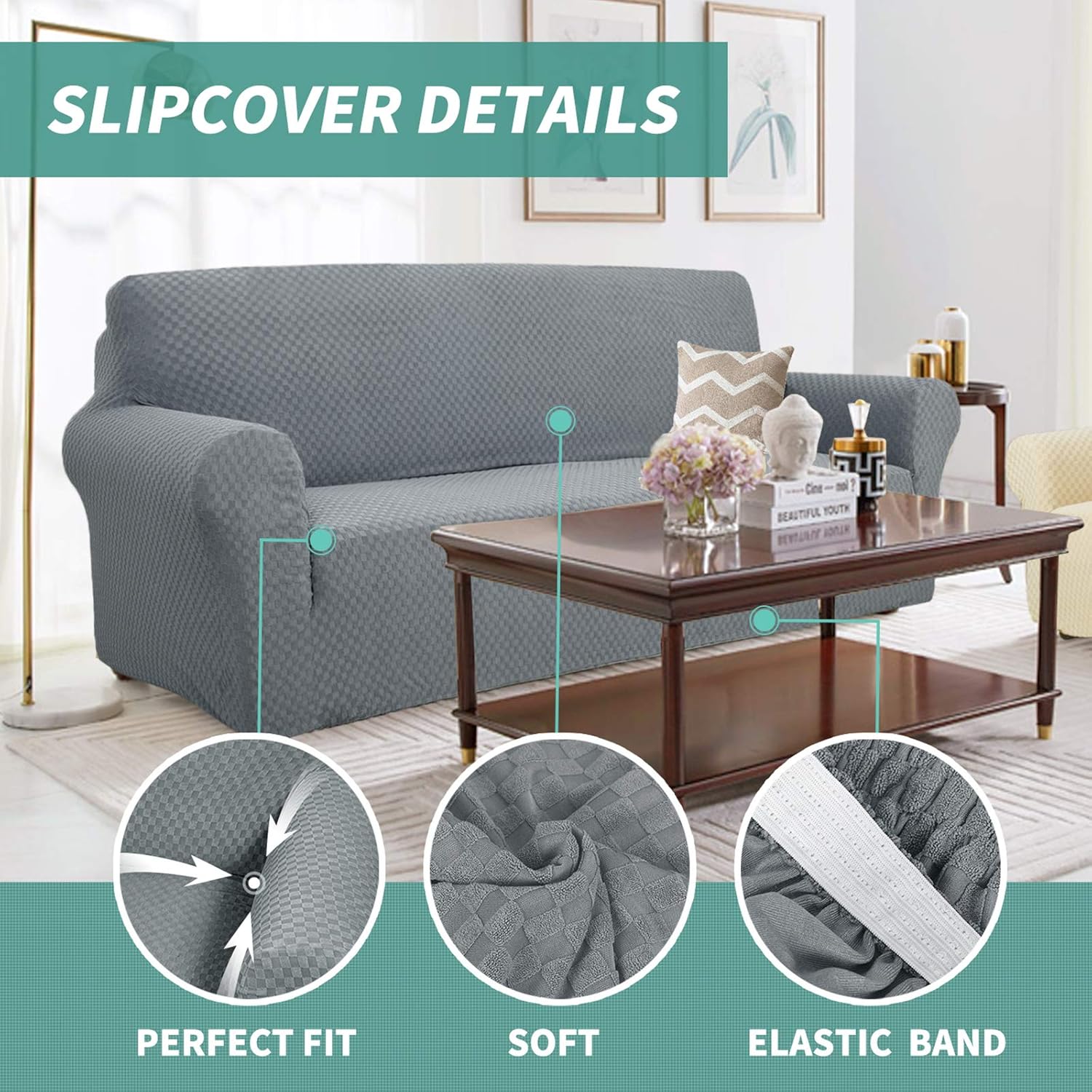 YEMYHOM YEMYHOM High Stretch Jacquard Couch Cover Pet Proof Armchair Slipcover Non Slip Furniture Protector Light Gray for Living Room - View 3 of 9