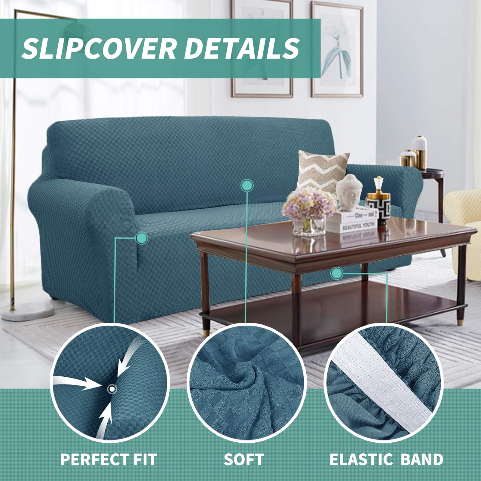 YEMYHOM YEMYHOM High Stretch Jacquard Couch Cover Pet Proof Armchair Slipcover Non Slip Furniture Protector for Living Room Small Teal - View 3 of 7