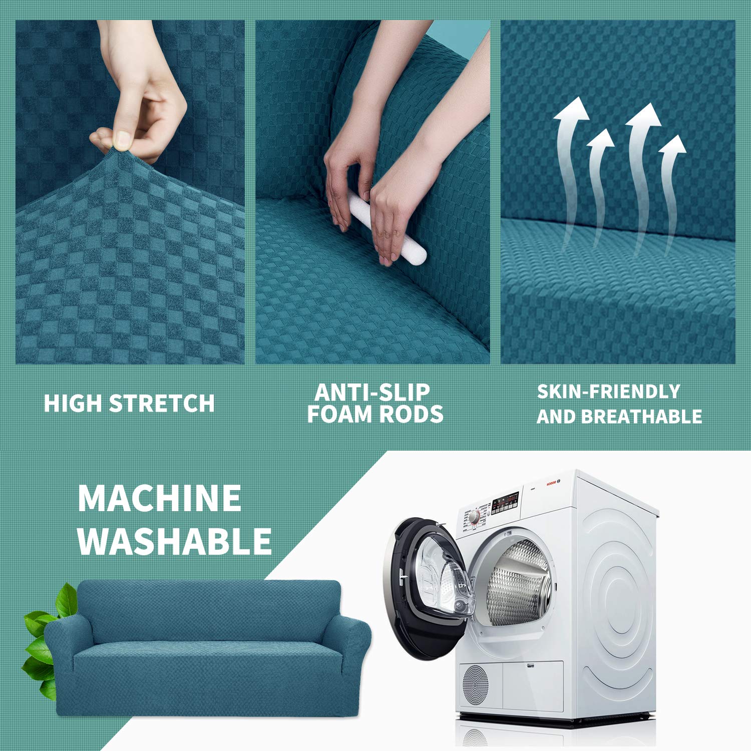 YEMYHOM YEMYHOM High Stretch Jacquard Couch Cover Pet Proof Armchair Slipcover Non Slip Furniture Protector for Living Room Small Teal - View 4 of 7