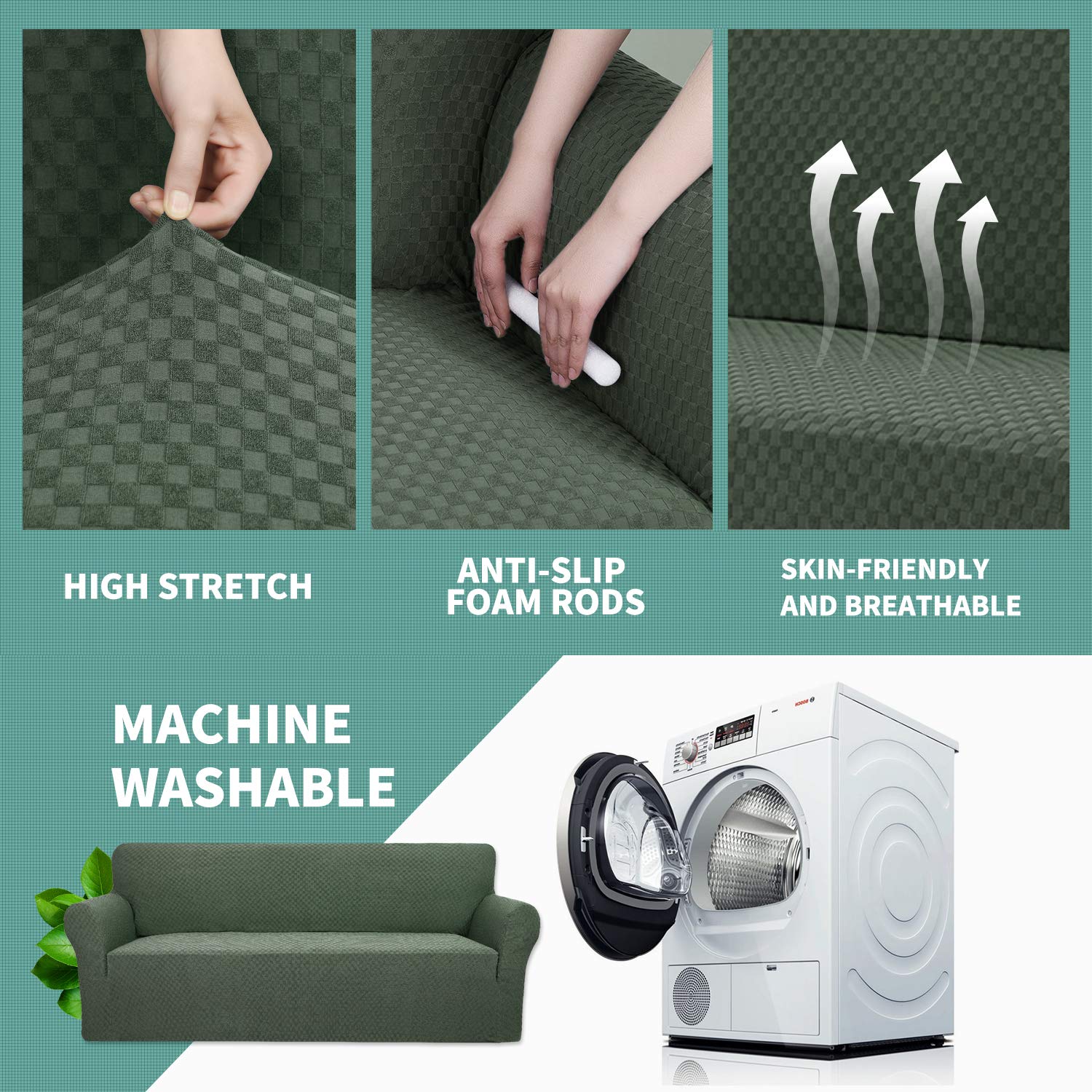 YEMYHOM YEMYHOM High Stretch Jacquard Couch Cover for 3 Cushion Sofa Pet Proof Non Slip Furniture Protector Large Army Green - View 4 of 9
