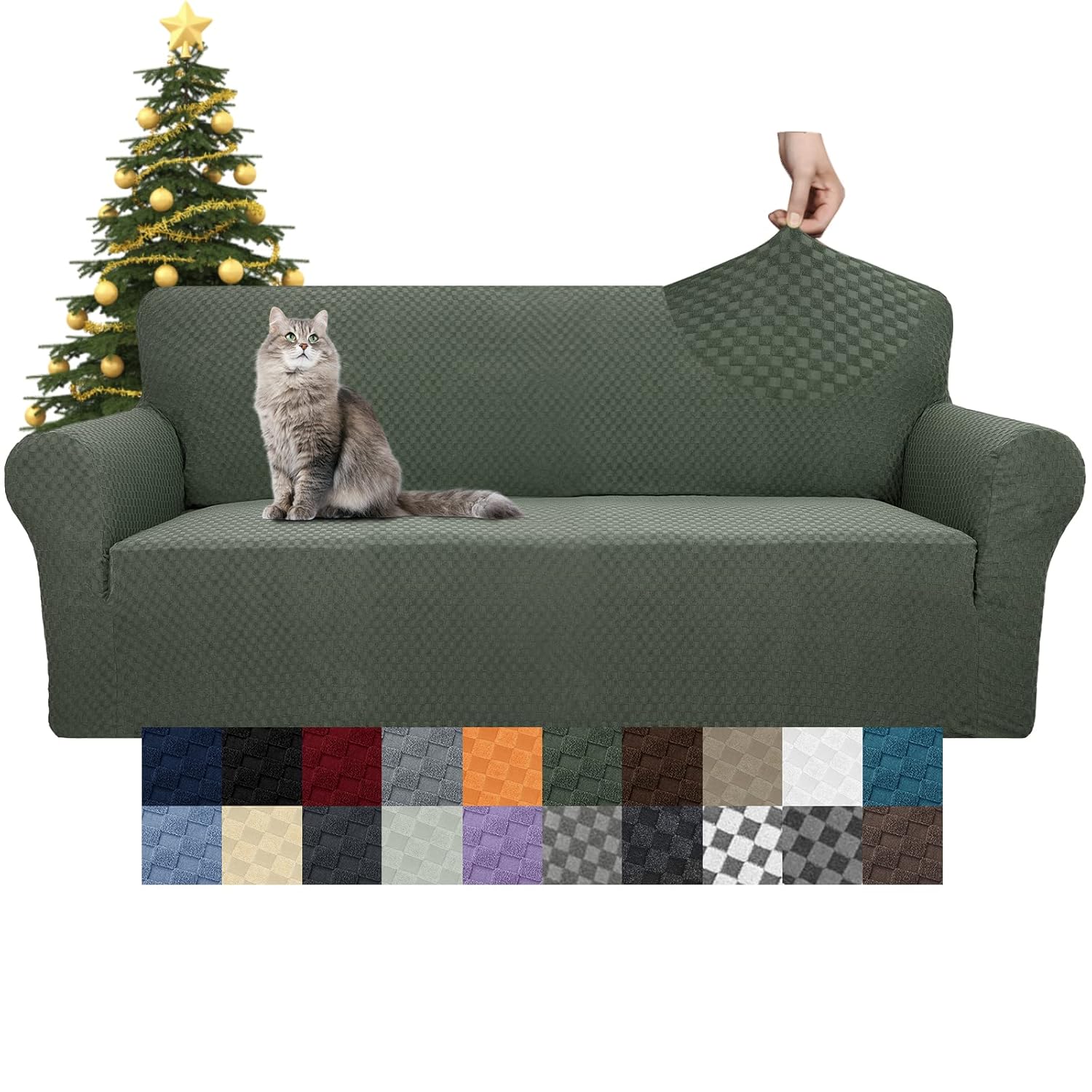 YEMYHOM YEMYHOM High Stretch Jacquard Couch Cover for 3 Cushion Sofa Pet Proof Non Slip Furniture Protector Large Army Green - View 8 of 9