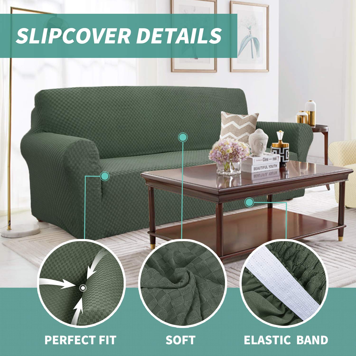 YEMYHOM YEMYHOM Extra Large Jacquard Couch Cover High Stretch Pet Proof Slipcover Army Green Non Slip Furniture Protector for Oversized Sofas - View 3 of 7