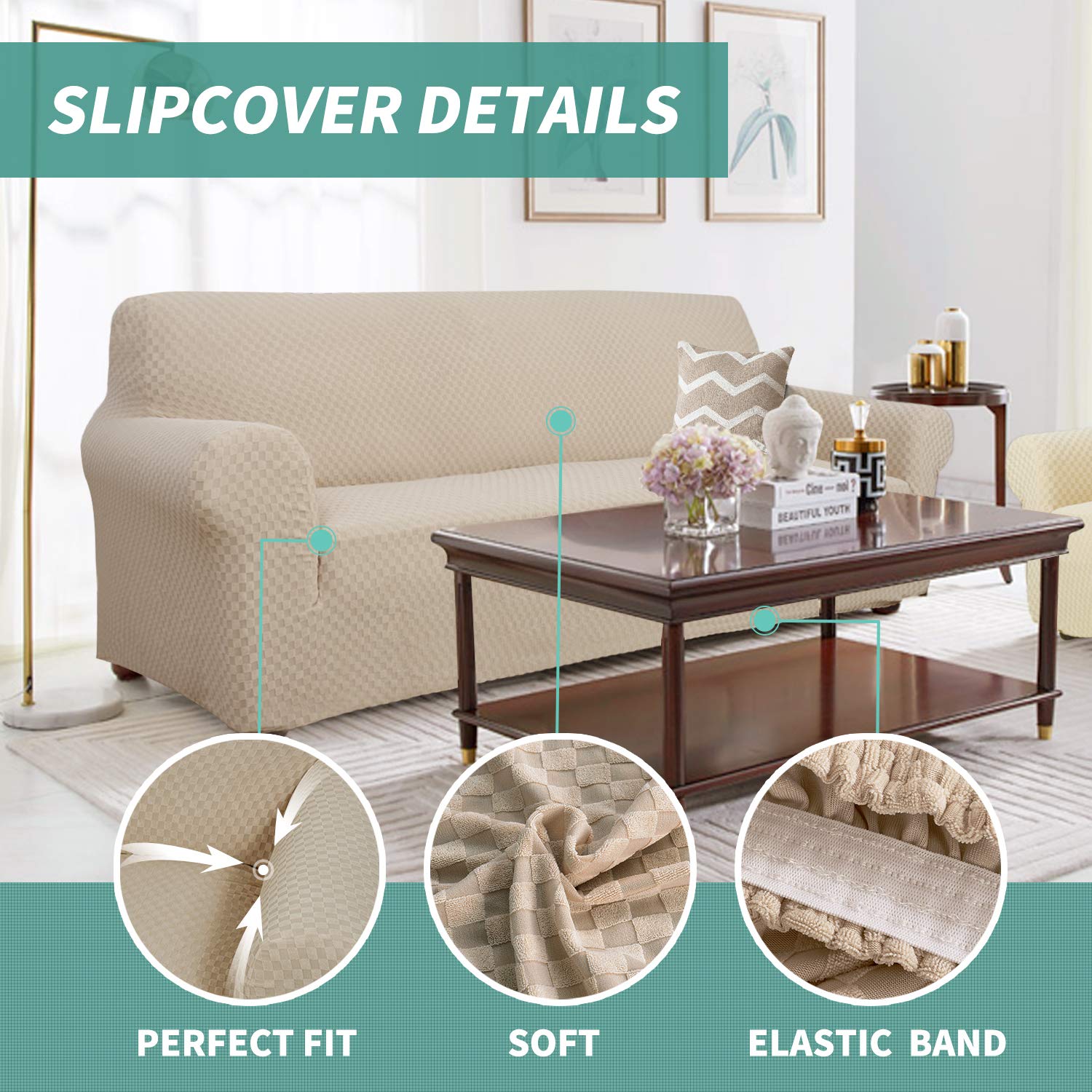 YEMYHOM YEMYHOM High Stretch Jacquard Couch Cover Pet Proof Armchair Slipcover Non Slip Furniture Protector Small Khaki for Living Room - View 3 of 7