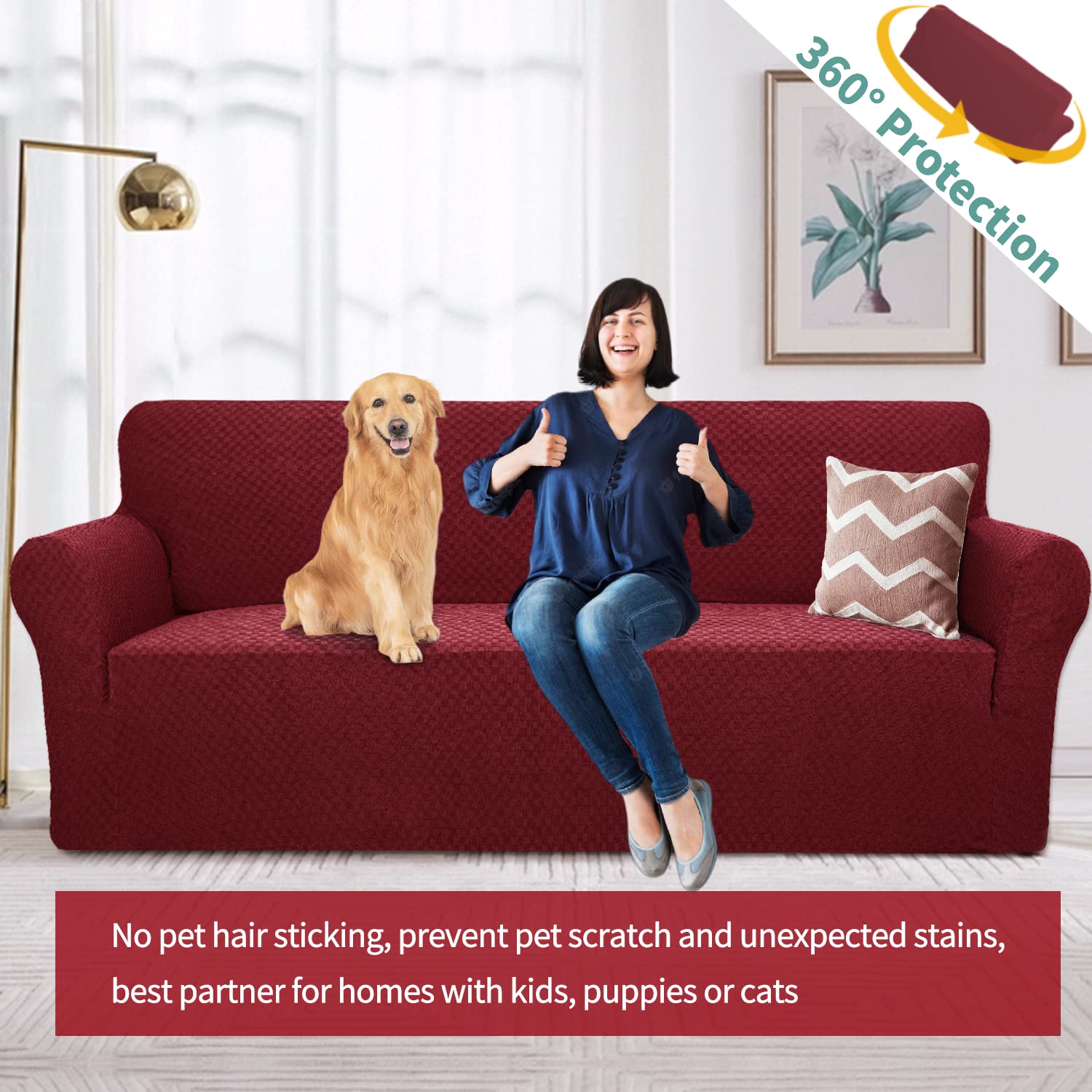 YEMYHOM YEMYHOM Extra Large Jacquard Couch Cover High Stretch Pet Proof Slipcover in Christmas Wine Red for Oversized Sofas - View 2 of 7