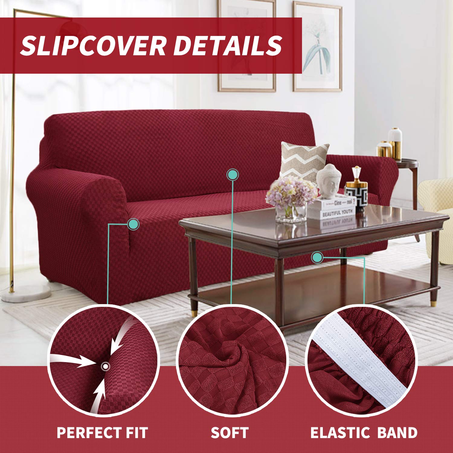 YEMYHOM YEMYHOM Extra Large Jacquard Couch Cover High Stretch Pet Proof Slipcover in Christmas Wine Red for Oversized Sofas - View 3 of 7