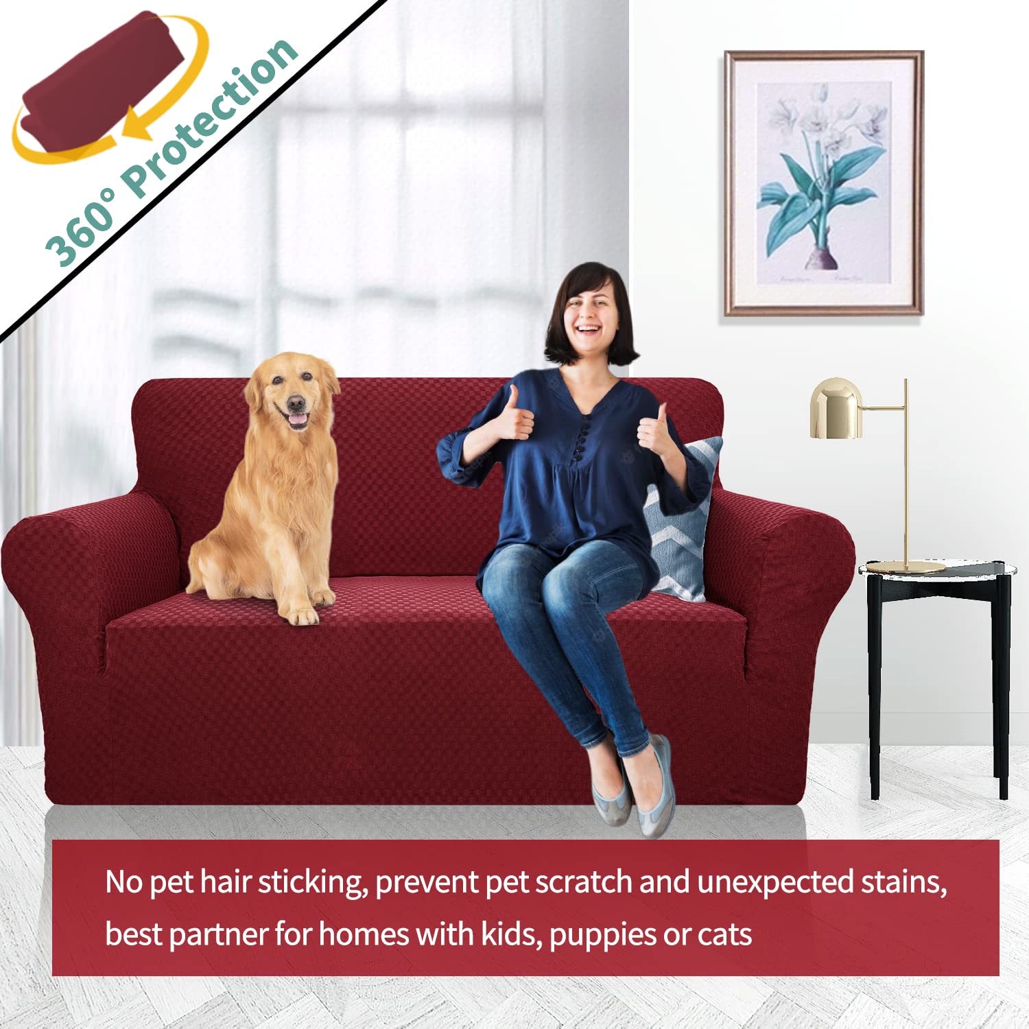 YEMYHOM YEMYHOM High Stretch Jacquard Couch Cover for 2 Cushion Loveseat Pet Proof Non Slip Furniture Protector Christmas Wine Red - View 2 of 7