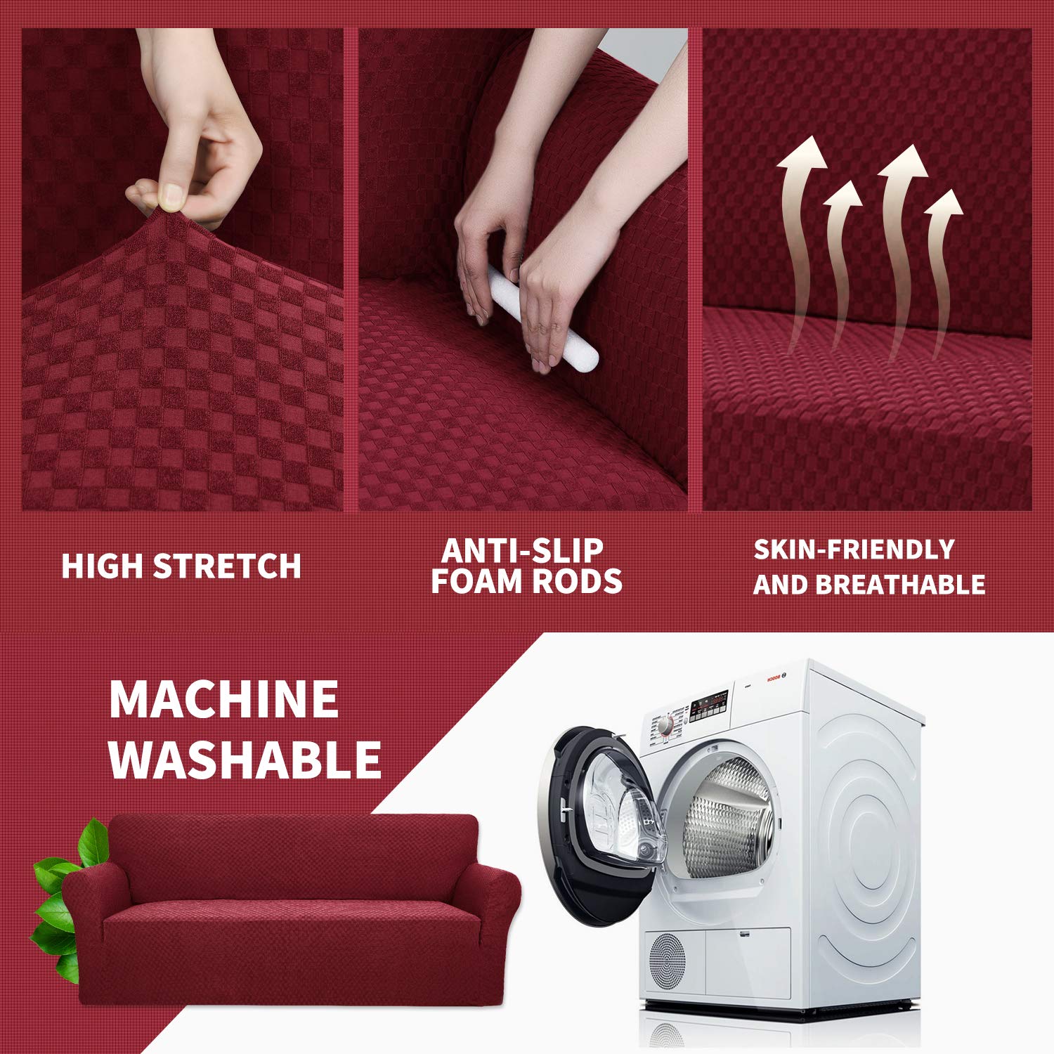 YEMYHOM YEMYHOM High Stretch Jacquard Couch Cover for 2 Cushion Loveseat Pet Proof Non Slip Furniture Protector Christmas Wine Red - View 4 of 7