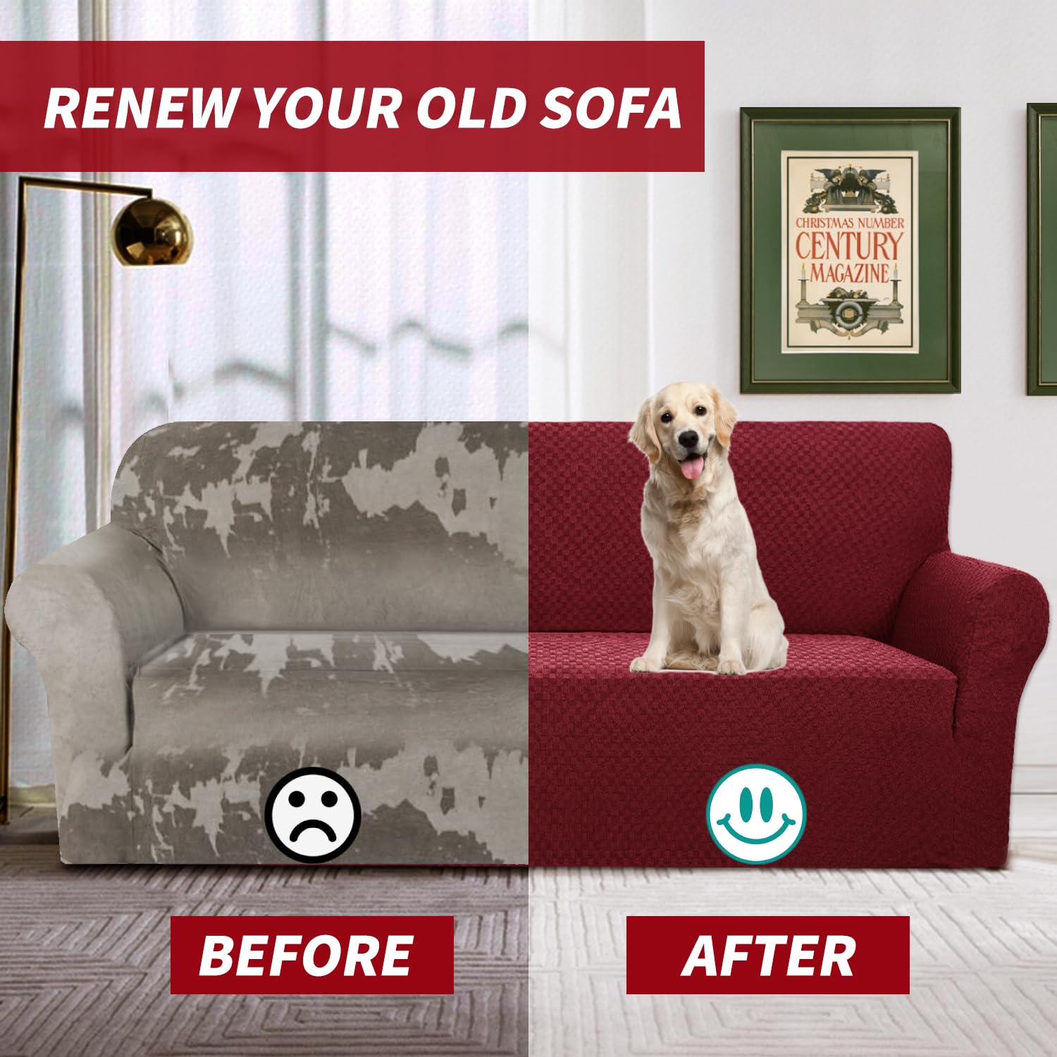 YEMYHOM YEMYHOM High Stretch Jacquard Couch Cover for 2 Cushion Loveseat Pet Proof Non Slip Furniture Protector Christmas Wine Red - View 7 of 7