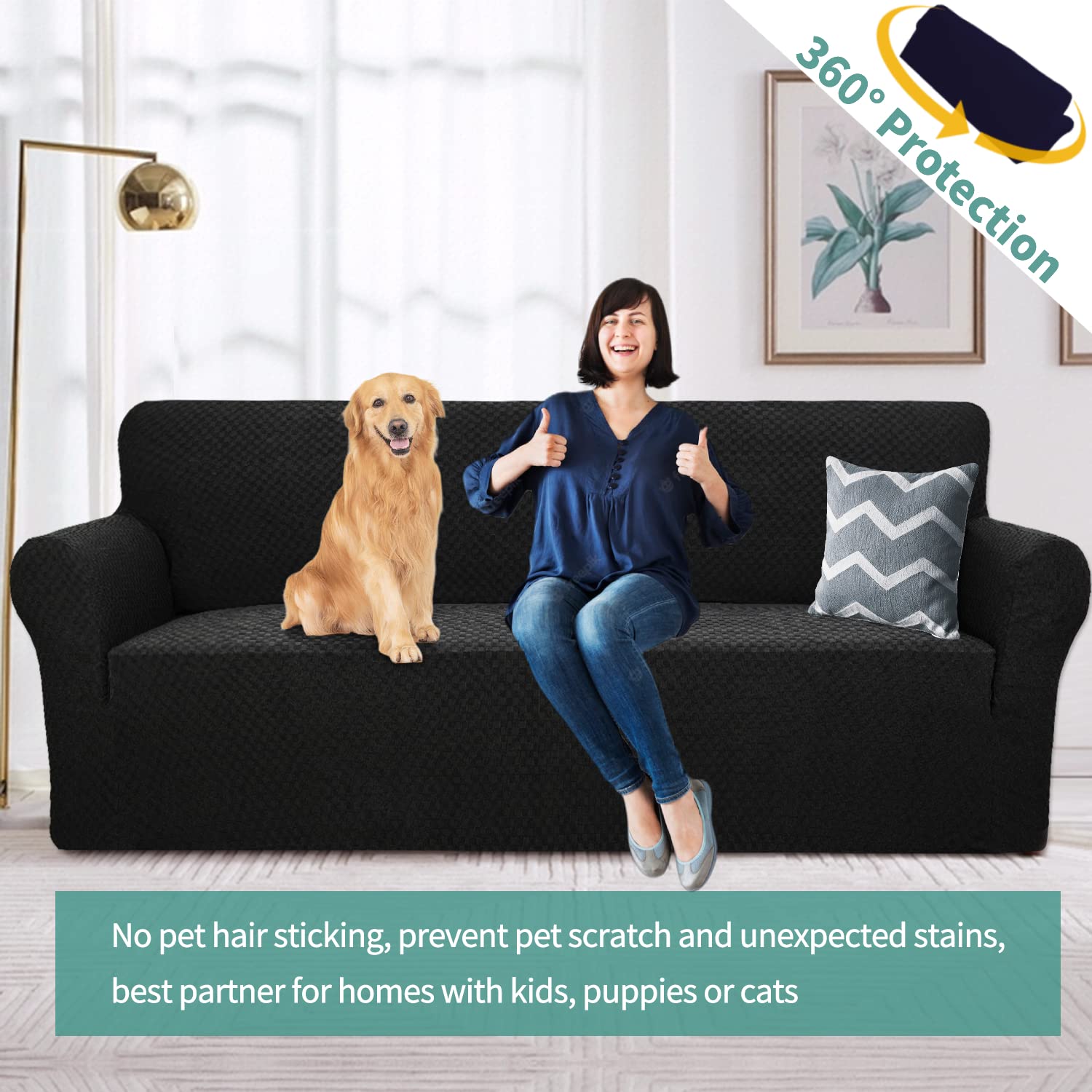 YEMYHOM YEMYHOM Extra Large Jacquard Couch Cover High Stretch Non Slip Sofa Protector for Pets Black - View 2 of 9