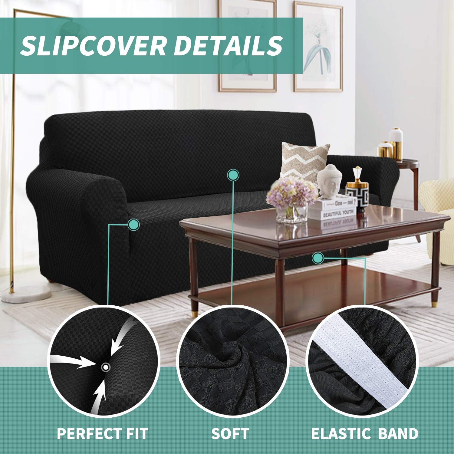 YEMYHOM YEMYHOM Extra Large Jacquard Couch Cover High Stretch Non Slip Sofa Protector for Pets Black - View 3 of 9