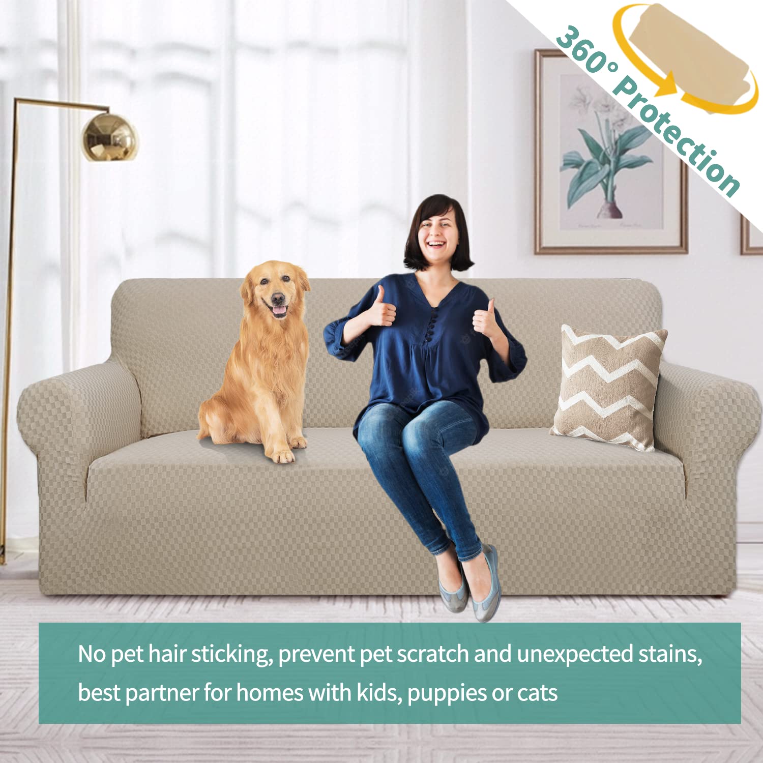 YEMYHOM YEMYHOM High Stretch Jacquard Couch Cover for 3 Cushion Sofa Pet Proof Non Slip Furniture Protector in Khaki - View 2 of 8