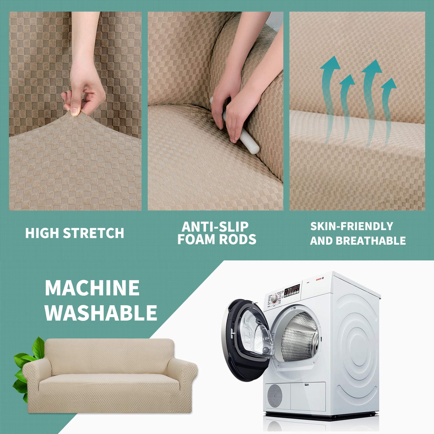 YEMYHOM YEMYHOM High Stretch Jacquard Couch Cover for 3 Cushion Sofa Pet Proof Non Slip Furniture Protector in Khaki - View 4 of 8