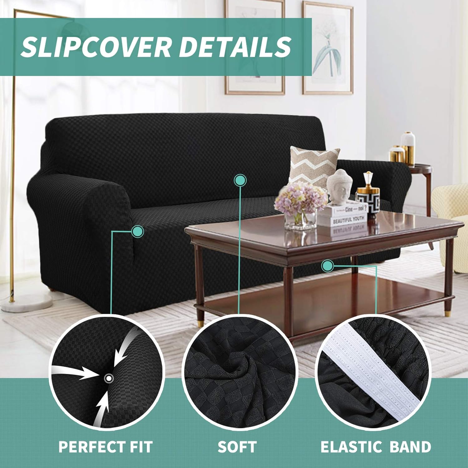 YEMYHOM YEMYHOM High Stretch Jacquard Couch Cover Pet Proof Sofa Chair Slipcover Non Slip Furniture Protector Small Black - View 3 of 9