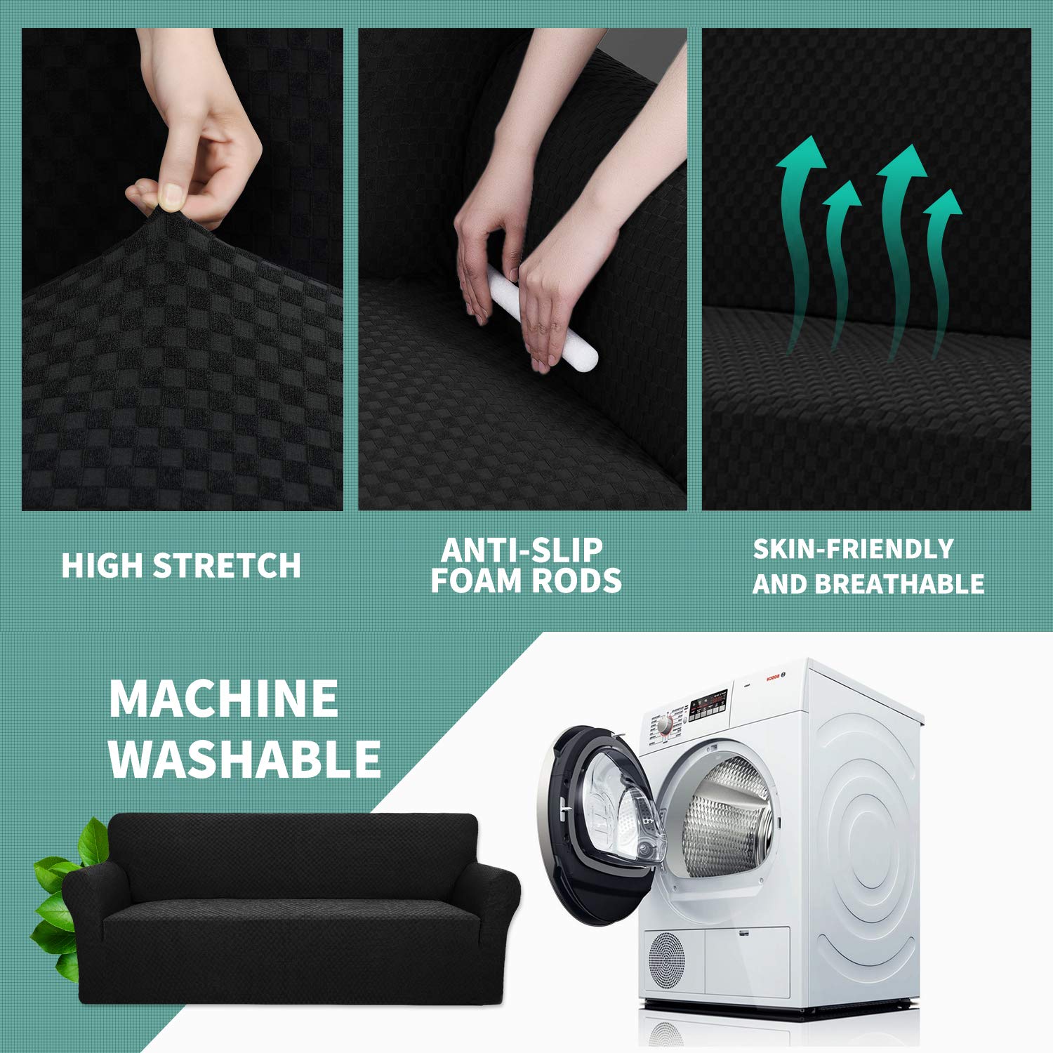 YEMYHOM YEMYHOM High Stretch Jacquard Couch Cover Pet Proof Sofa Chair Slipcover Non Slip Furniture Protector Small Black - View 4 of 9