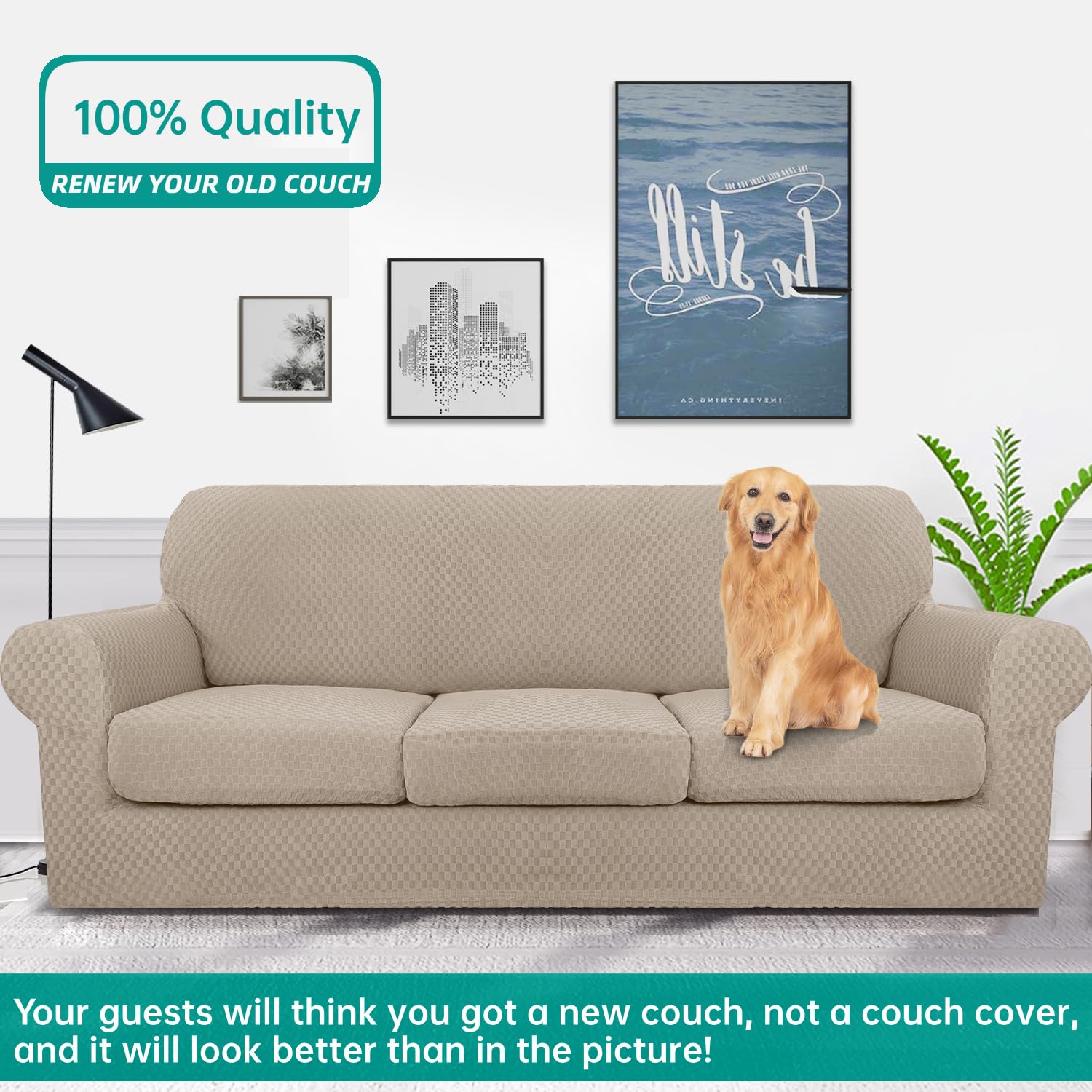 YEMYHOM YEMYHOM Checkered 4 Piece Couch Covers for 3 Cushion Sofa High Stretch Thickened Pet Protector Khaki 71 to 91 Inches - View 2 of 8