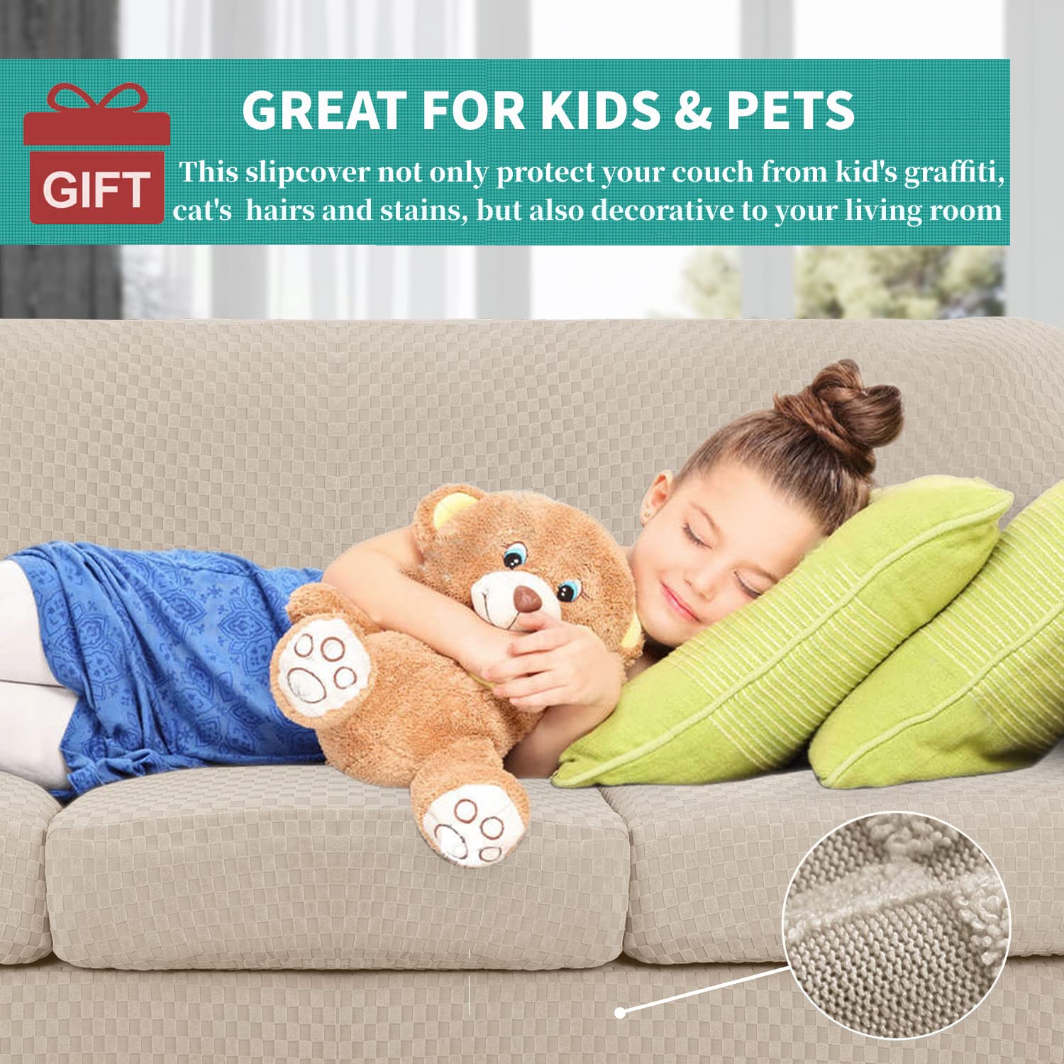 YEMYHOM YEMYHOM Checkered 4 Piece Couch Covers for 3 Cushion Sofa High Stretch Thickened Pet Protector Khaki 71 to 91 Inches - View 3 of 8