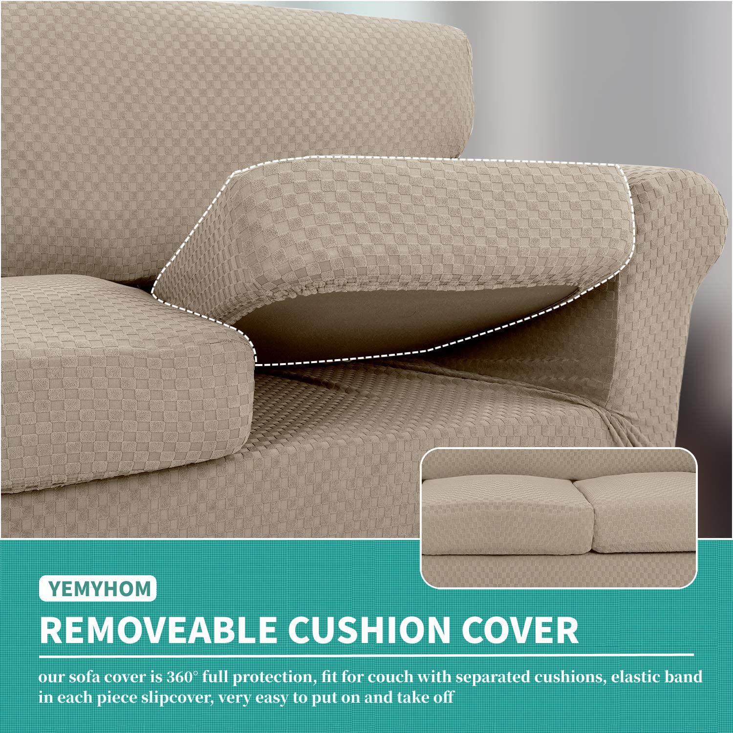 YEMYHOM YEMYHOM Checkered 4 Piece Couch Covers for 3 Cushion Sofa High Stretch Thickened Pet Protector Khaki 71 to 91 Inches - View 4 of 8