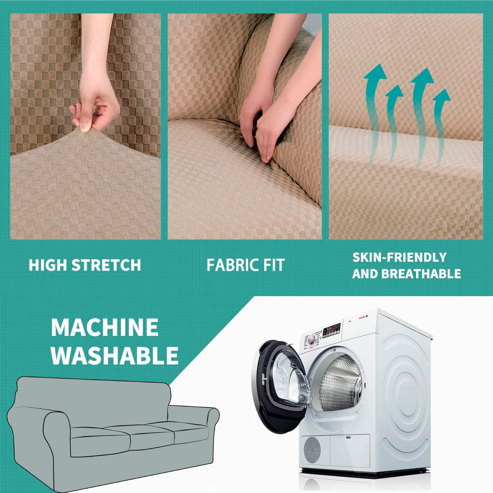 YEMYHOM YEMYHOM Checkered 4 Piece Couch Covers for 3 Cushion Sofa High Stretch Thickened Pet Protector Khaki 71 to 91 Inches - View 5 of 8