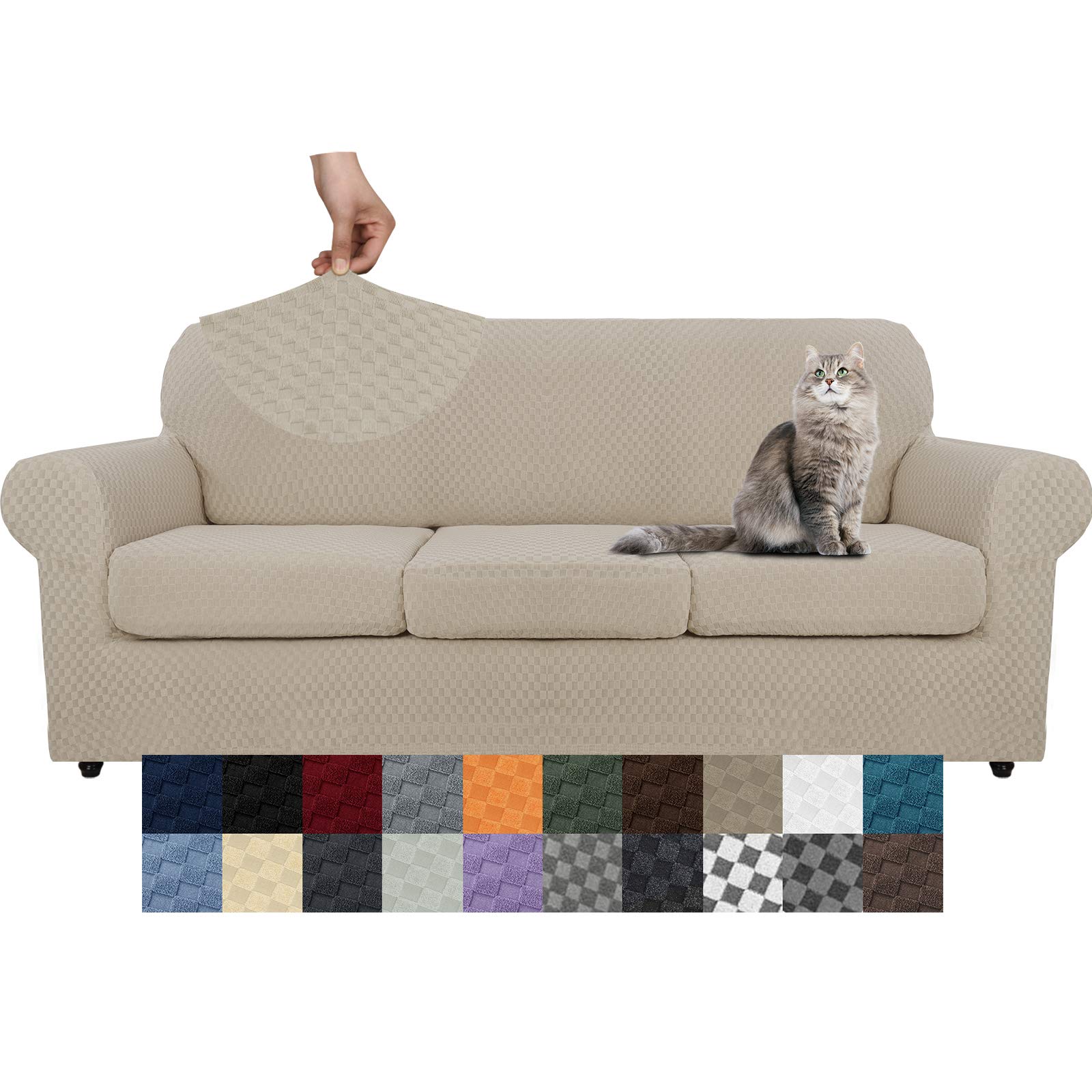 YEMYHOM YEMYHOM Checkered 4 Piece Couch Covers for 3 Cushion Sofa High Stretch Thickened Pet Protector Khaki 71 to 91 Inches - View 8 of 8