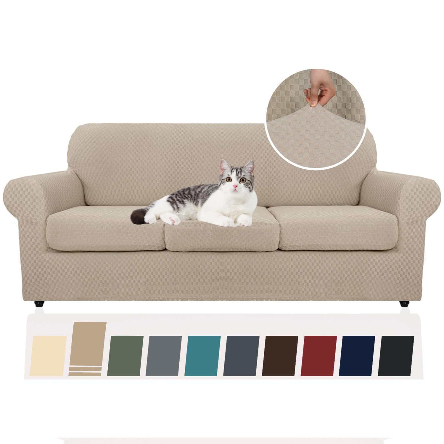 YEMYHOM Checkered 4 Piece Couch Covers for 3 Cushion Sofa High Stretch Thickened Pet Protector Khaki 71 to 91 Inches