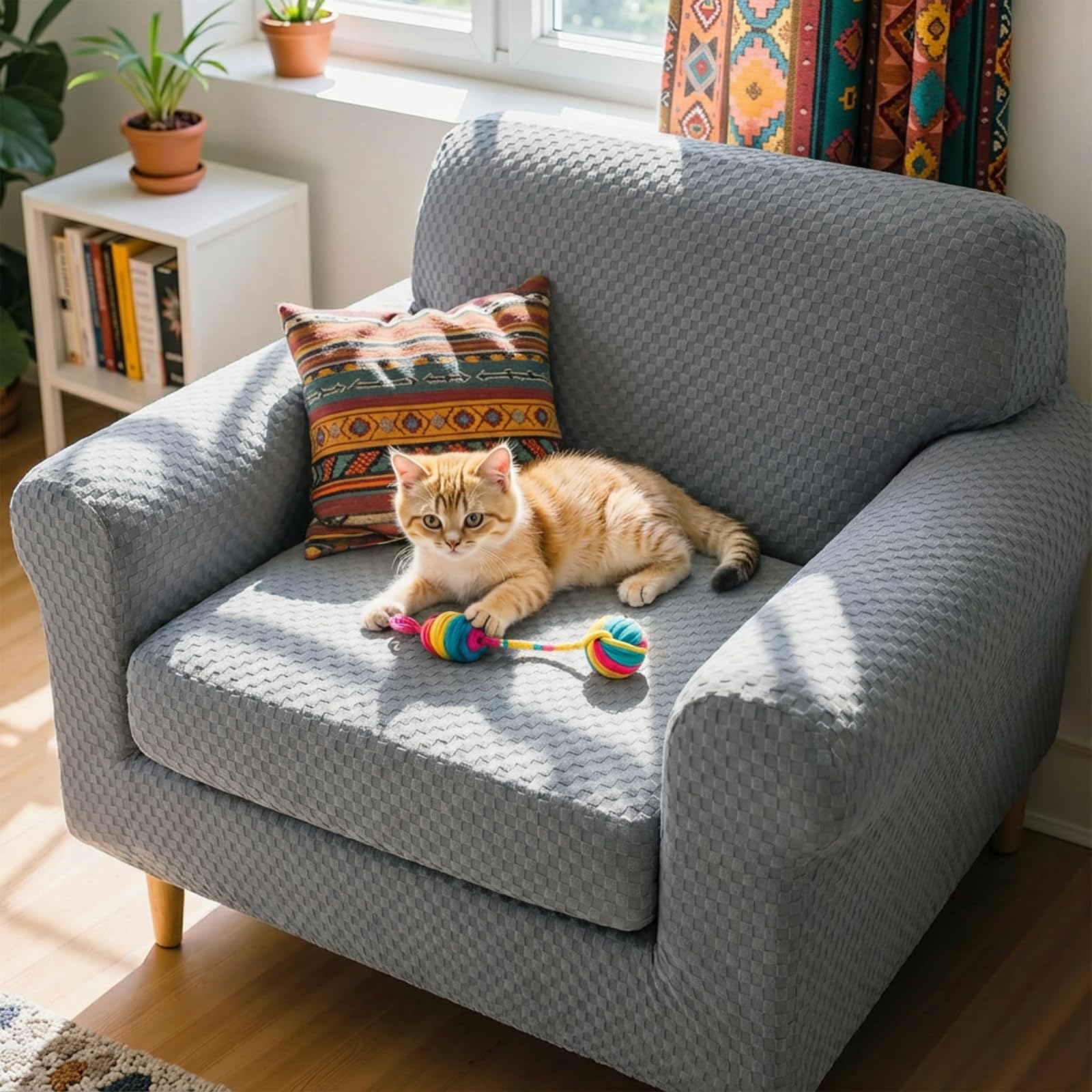 YEMYHOM YEMYHOM Checkered Chair Covers Set of 2 High Stretch Thickened Anti Slip Armchair Slipcovers for Living Room Light Gray 31"-46" - View 2 of 9