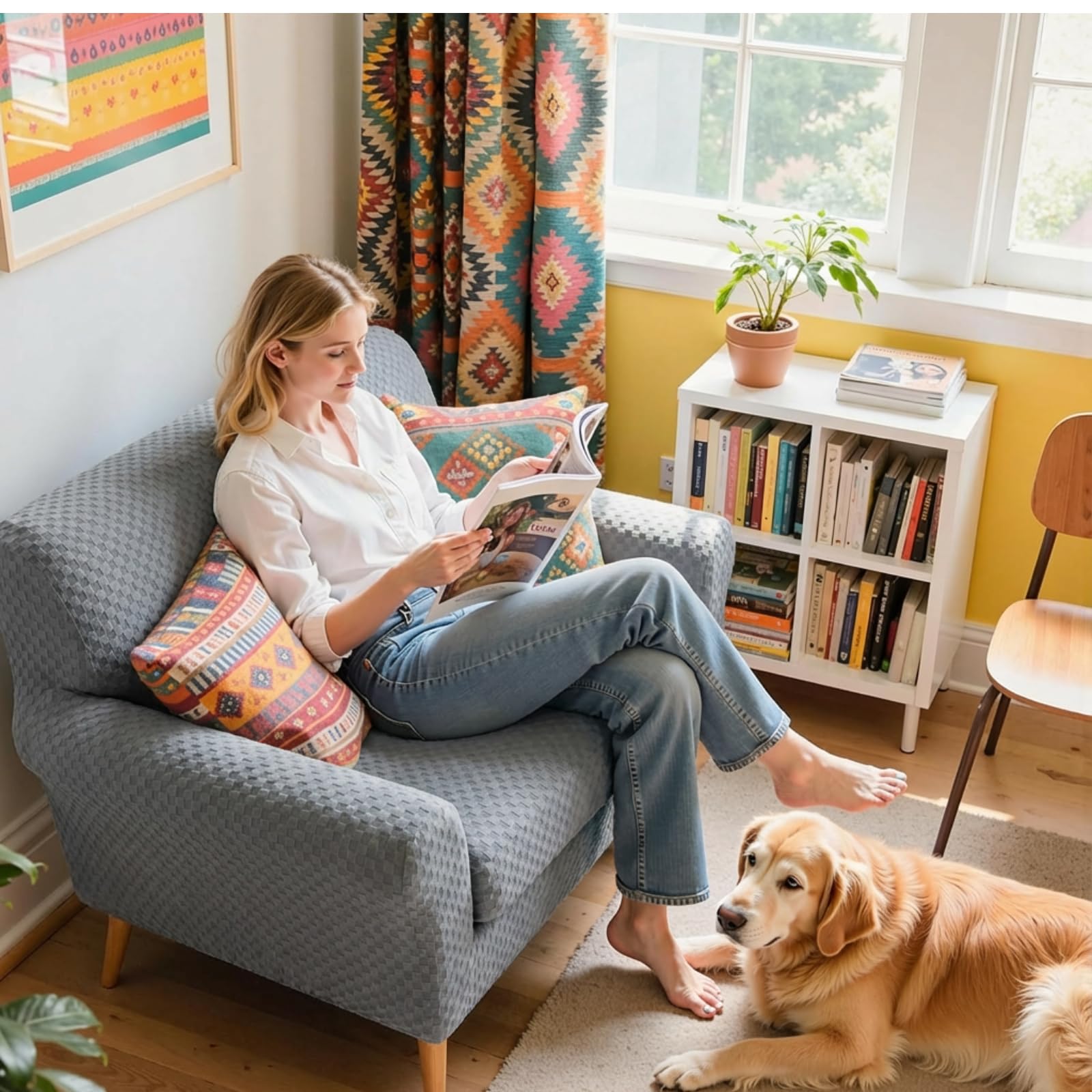 YEMYHOM YEMYHOM Checkered Chair Covers Set of 2 High Stretch Thickened Anti Slip Armchair Slipcovers for Living Room Light Gray 31"-46" - View 3 of 9