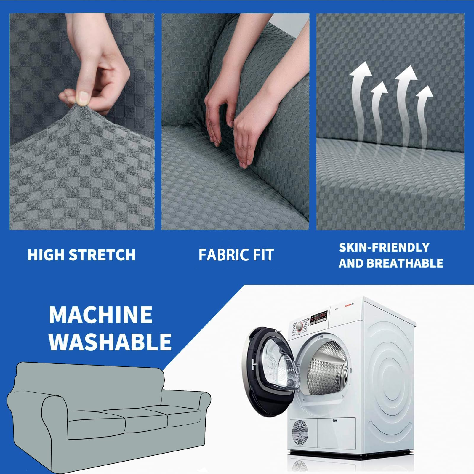 YEMYHOM YEMYHOM Checkered Chair Covers Set of 2 High Stretch Thickened Anti Slip Armchair Slipcovers for Living Room Light Gray 31"-46" - View 5 of 9