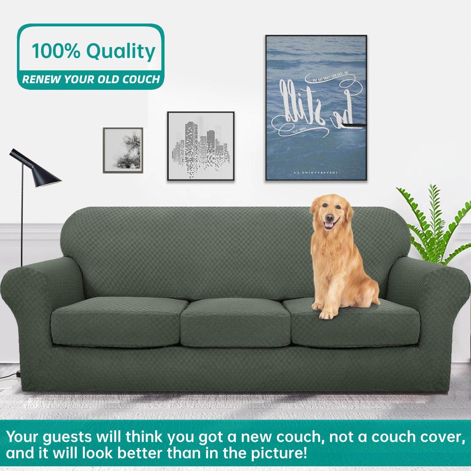 YEMYHOM YEMYHOM Checkered 4 Piece Couch Covers for 3 Cushion Sofa Extra Large High Stretch Thickened Furniture Protector Army Green - View 2 of 7