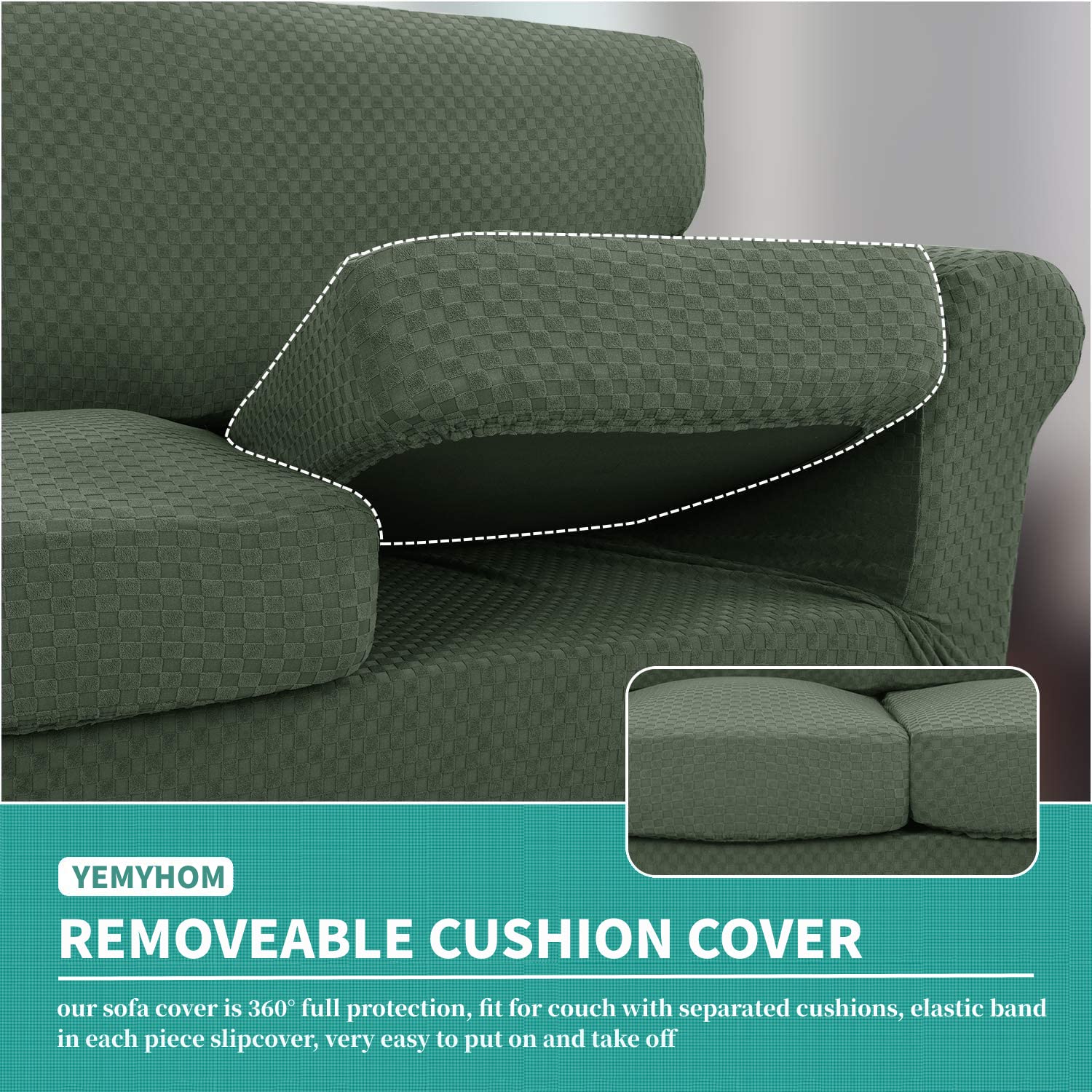 YEMYHOM YEMYHOM Checkered 4 Piece Couch Covers for 3 Cushion Sofa Extra Large High Stretch Thickened Furniture Protector Army Green - View 4 of 7